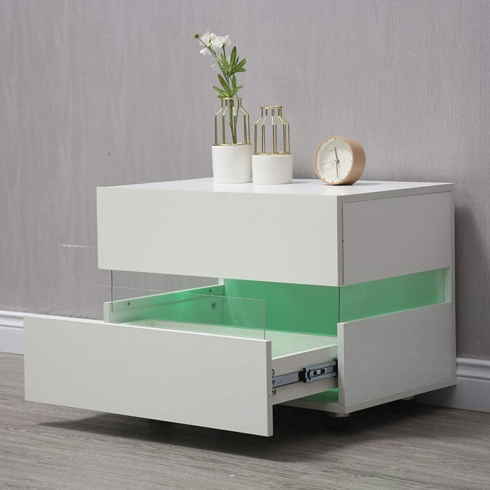 Modern Wooden Nightstand with Single Drawer & Remote Control LED Lights - Bedside Table Cabinet Dresser for Bedroom, Living Room (Light Yellow) | Perfect for Reading, Charging Devices & Bedroom Storage