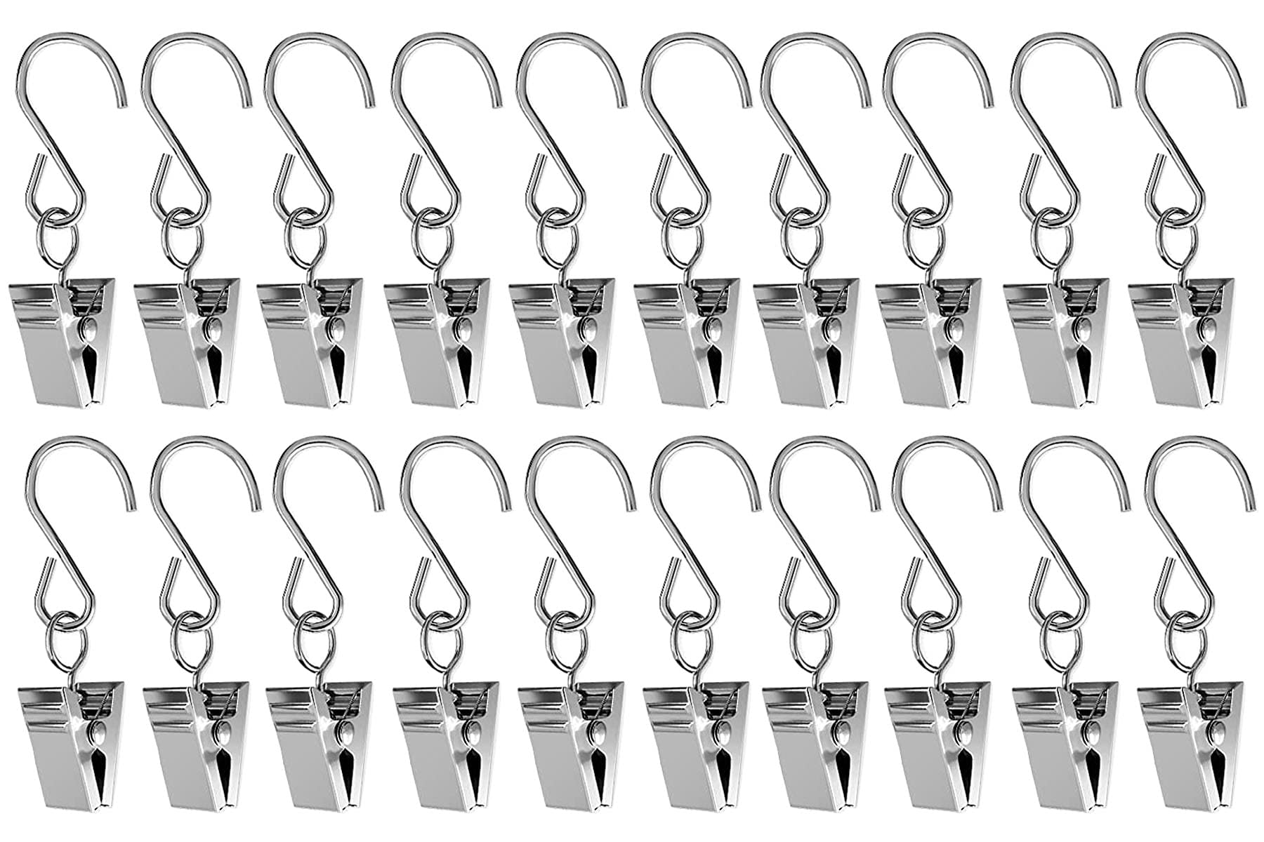 Stainless Steel S Hook Clips for Curtains, Photos & Crafts - 20 Pack Silver Hanging Clips for Home Decor | Perfect for Hanging Plants, Wall Art & DIY Projects