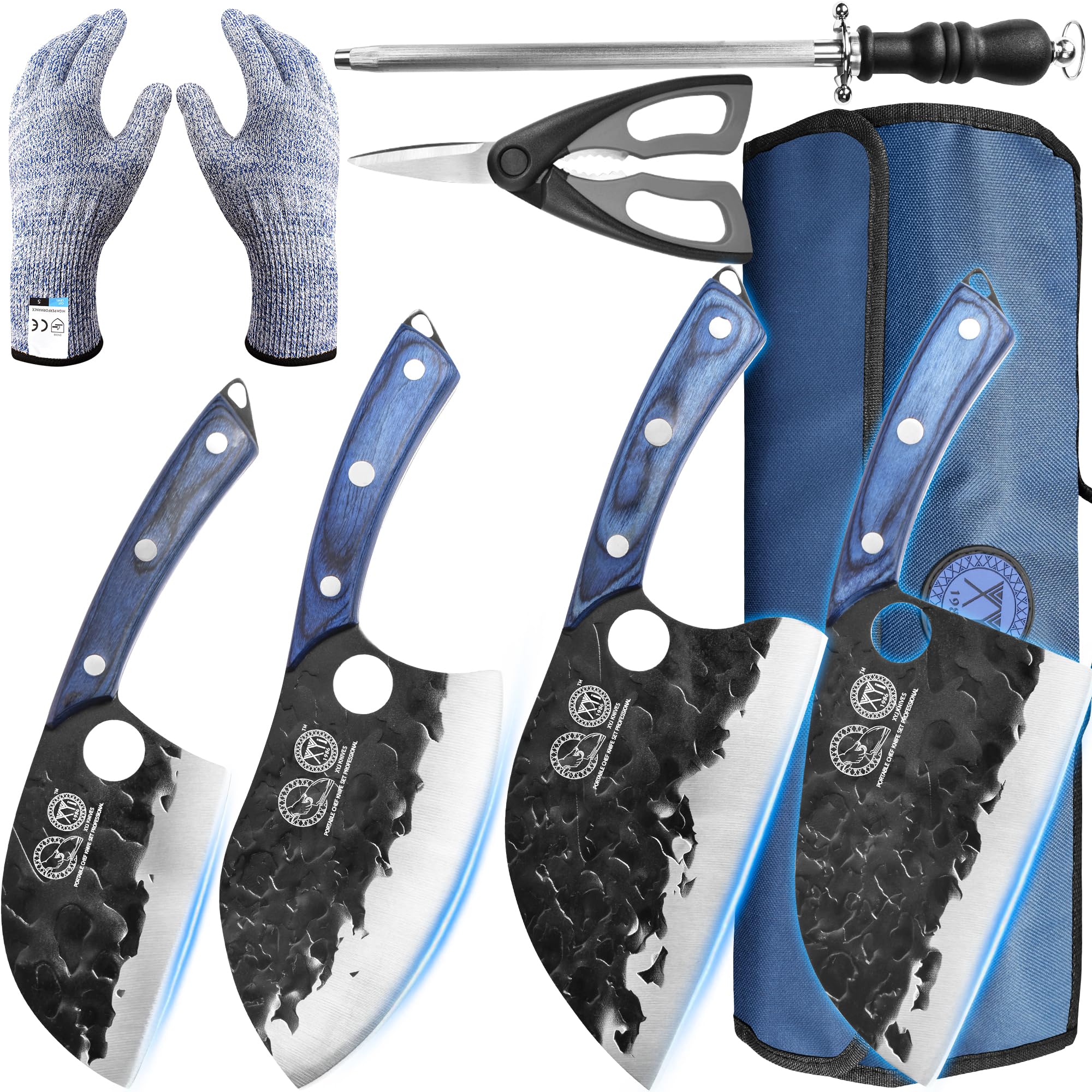 XYJ Professional Portable Chef Knife Set - 4-Piece Hammer Forged Serbian Butcher Knives with Roll Bag, Scissors & Sharpening Rod | Full Tang Kitchen Knives for Home Cooking, BBQ, Camping & Outdoor Adventures