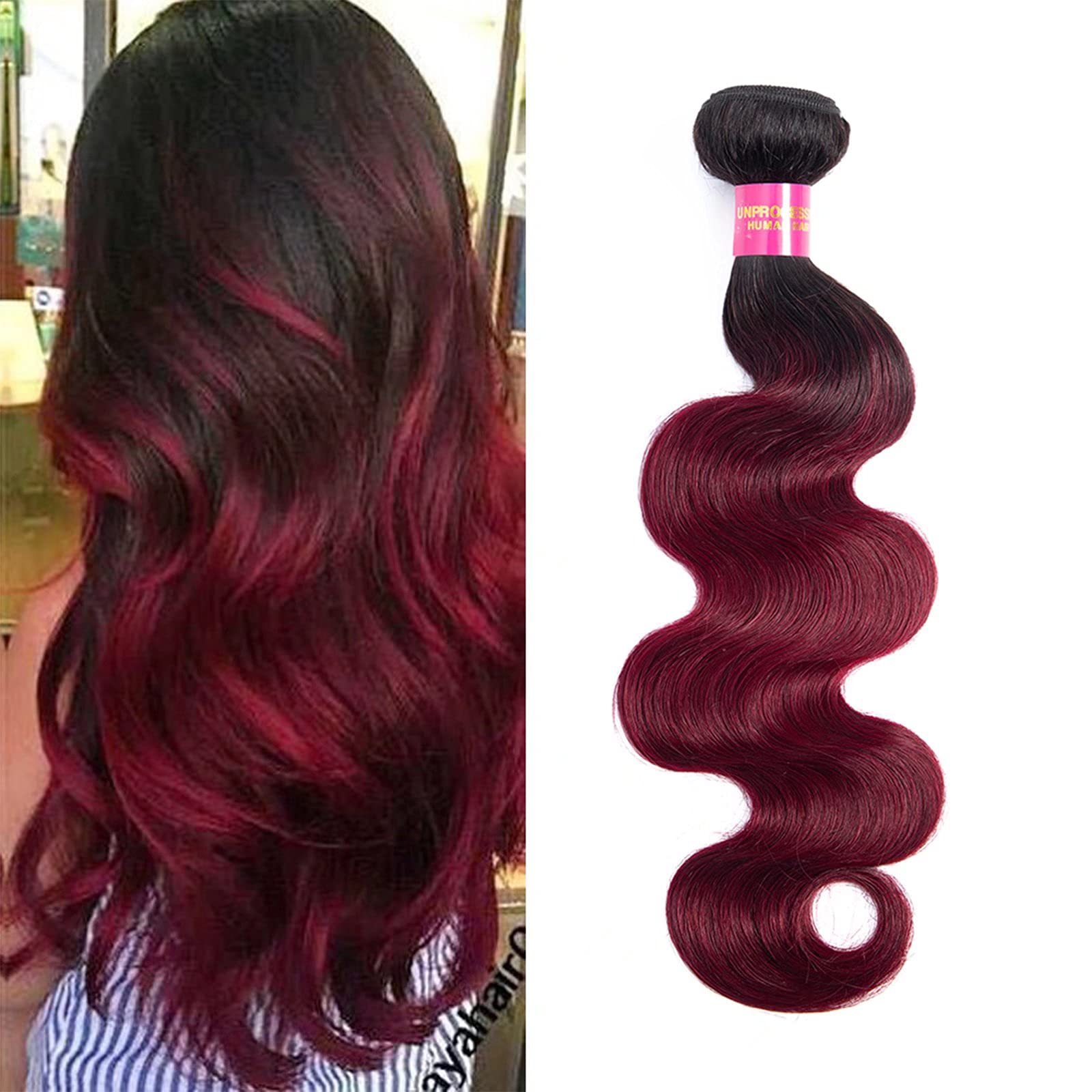 FEEL ME 1b99J 100% Brazilian Human Hair Bundles - 3Pcs Body Wave Ombre Weft Extensions (20 22 24 Inch) Black to Burgundy - Natural Soft & Tangle-Free Hair Extensions for Styling, Weaving & Salon Use