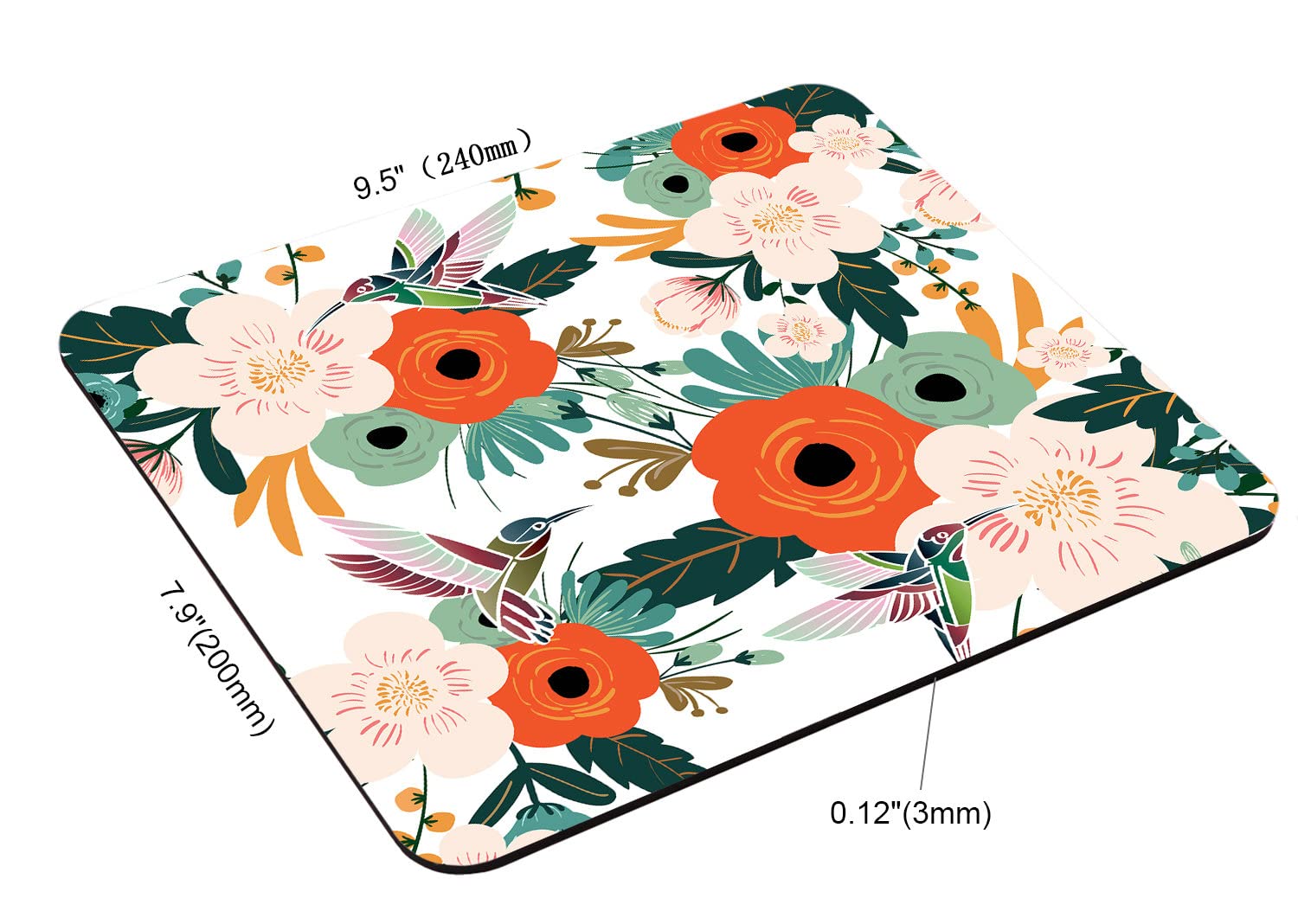 Boho Floral Mouse Pad with Hummingbird Design - Non-Slip Rubber Base Square Mouse Mat for Office & Laptop (9.5