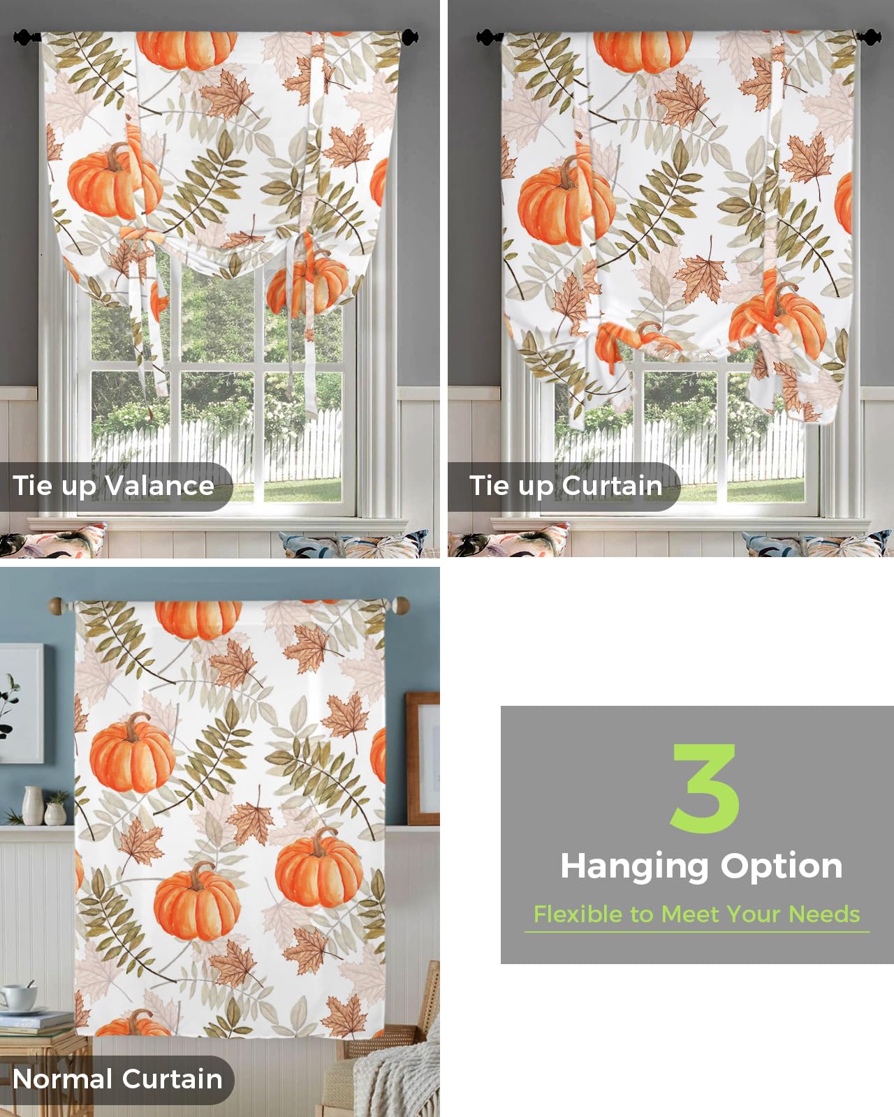 Thanksgiving Window Curtains - Orange Pumpkin & Maple Leaf Thermal Insulated Balloon Shade with Adjustable Rod Pocket, 42x45 Inches - Perfect for Kitchen, Bathroom & Café Decor During Fall Season