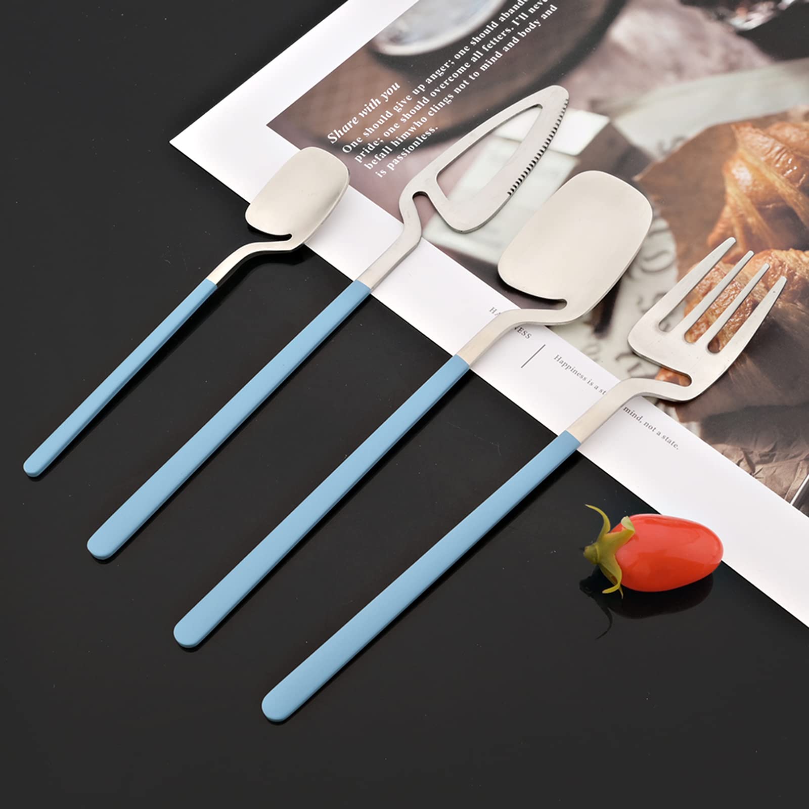 JASHII 8-Piece Stainless Steel Flatware Set - Hangable Silverware in Macaron Colors (Blue/Silver), Dishwasher Safe Cutlery for Home & Restaurant Use | Perfect for Dinner Parties, Daily Meals & Gift Giving