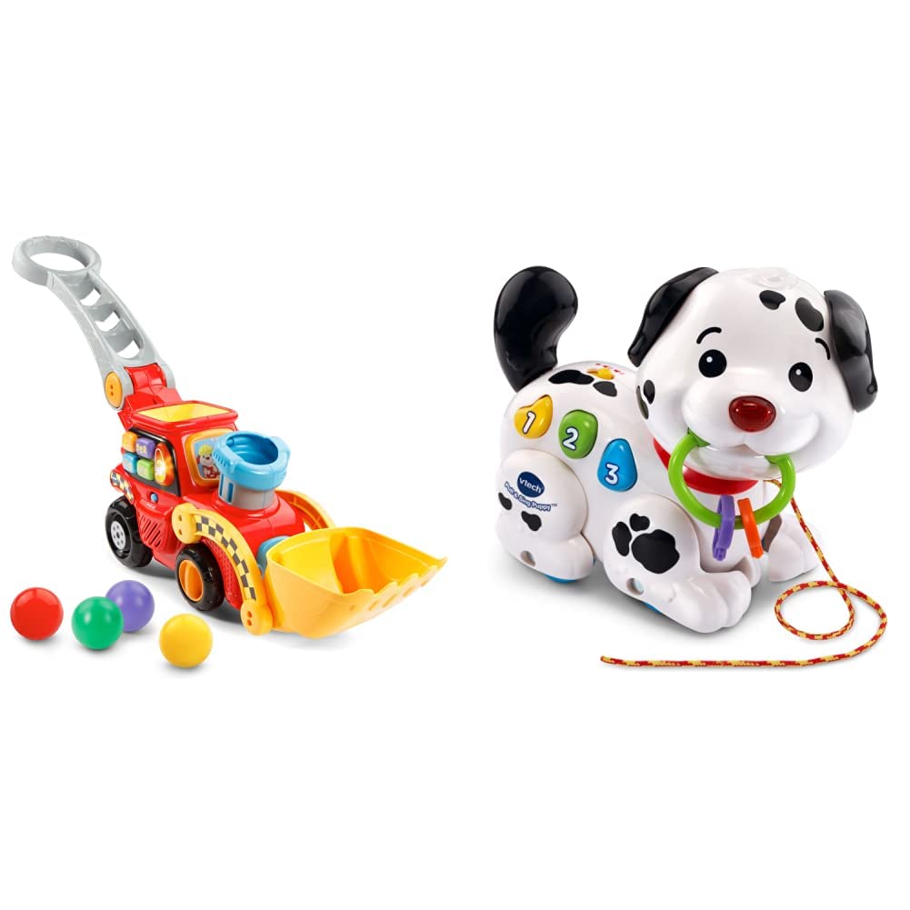 VTech Pop-a-Balls Push and Pop Bulldozer Toy - Amazon Exclusive Red Bulldozer with Pull and Sing Puppy for Toddlers | Fun Learning Toy for Kids Ages 1-3 | Indoor Play, Early Development & Motor Skills Activity