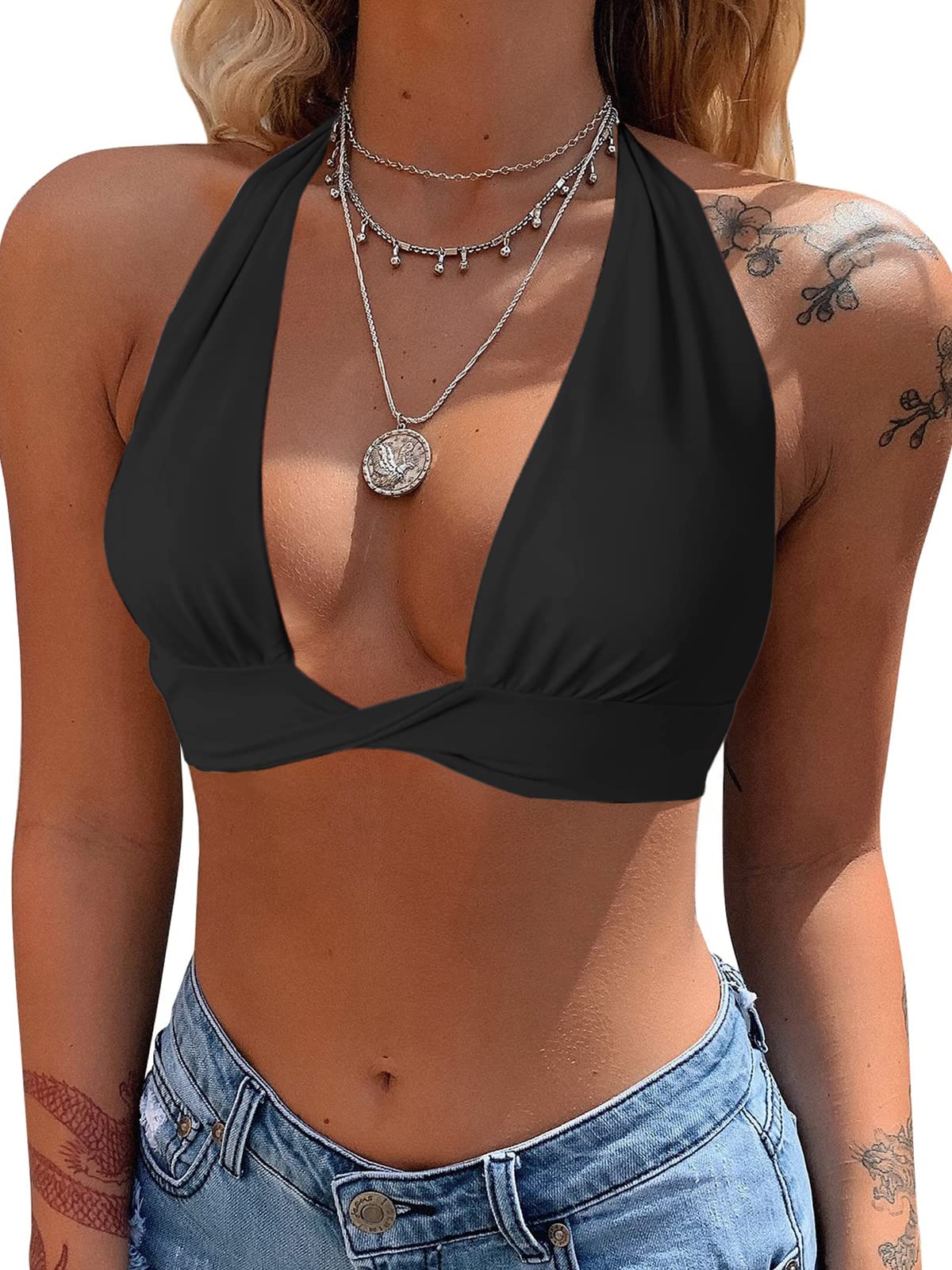 Sexy Women's Deep V Neck Crop Top - Sleeveless Halter Smocked Tank Top for Summer, Beach, Party & Night Out | Zaoqee Fashion