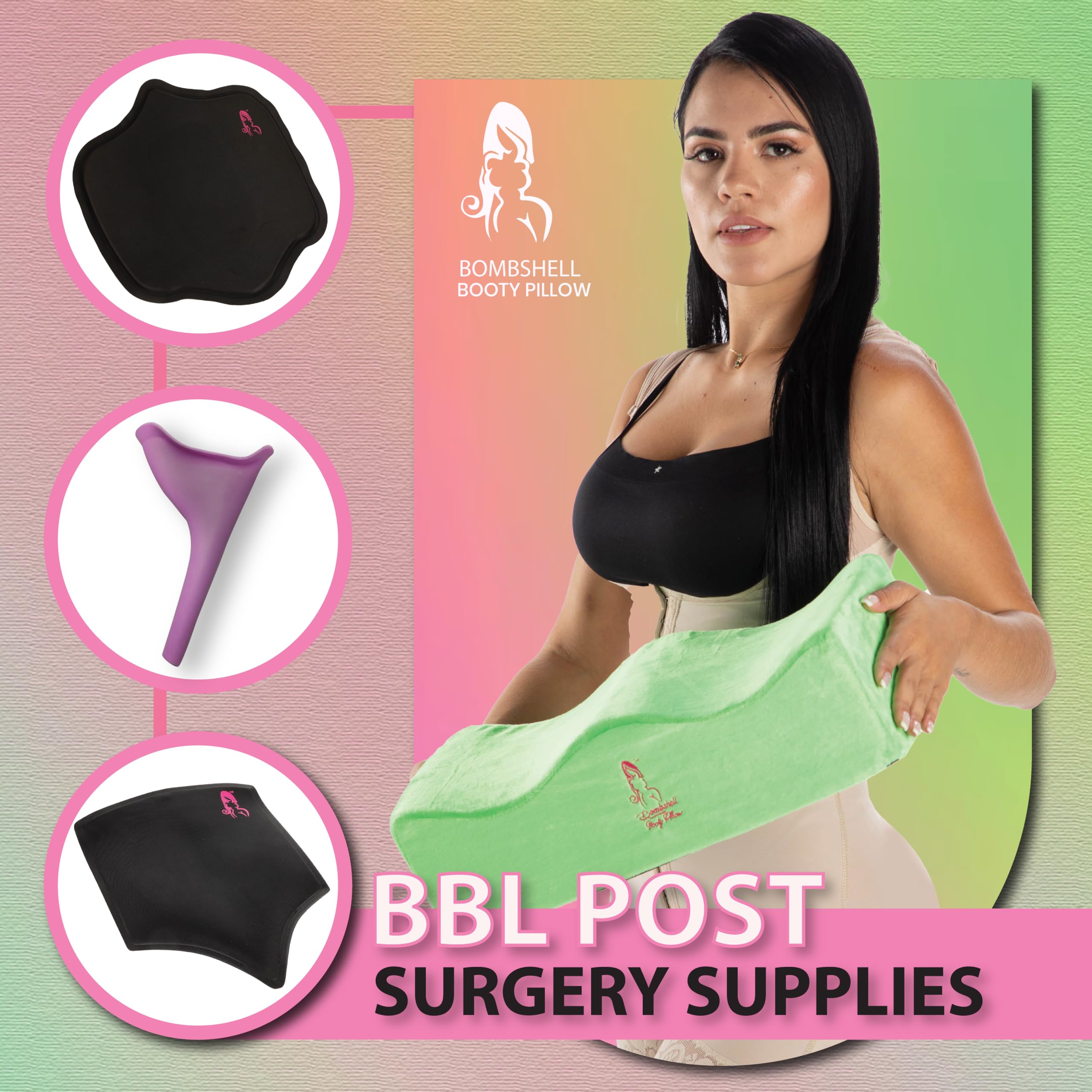 Post Surgery BBL Pillow & Supplies - Butt Cushion with Ab Board, Female Urinal & Lipo Foam for Comfort After Brazilian Butt Lift & Liposuction - Perfect for Recovery, Travel & Sitting Comfort