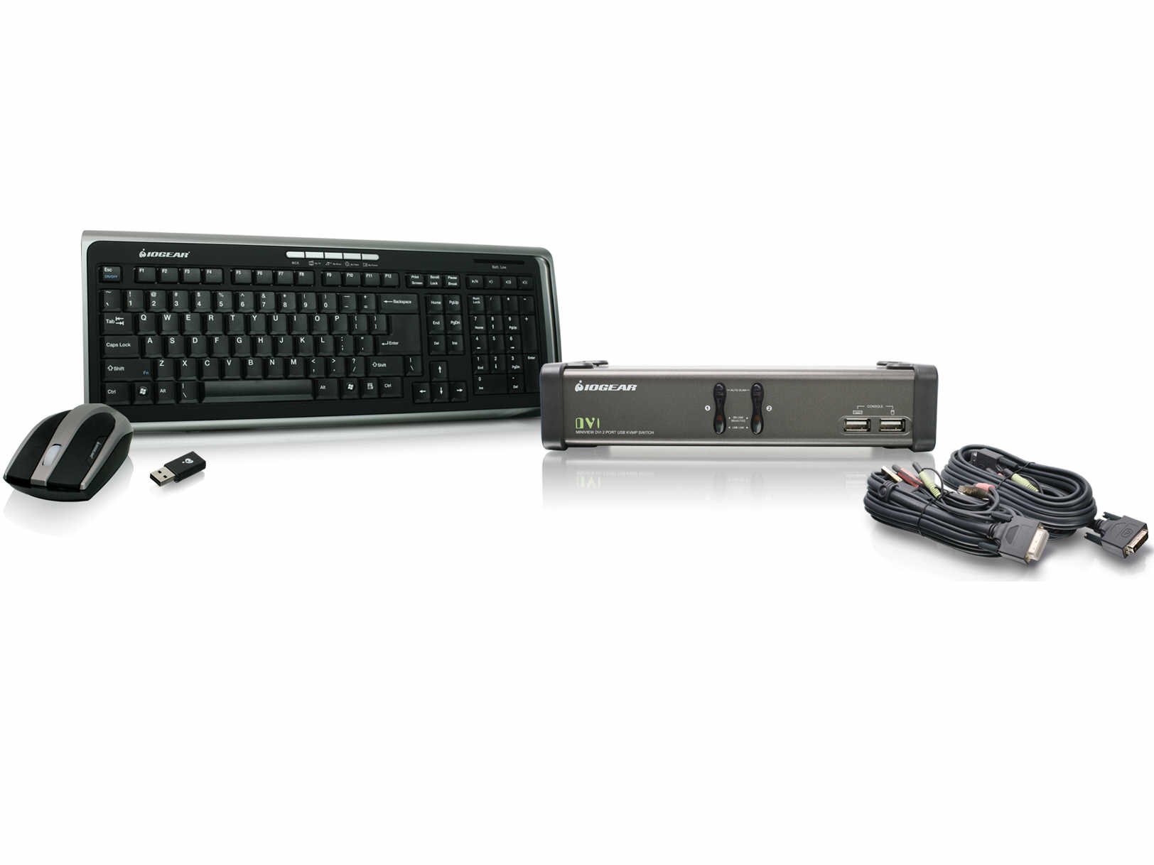 IOGEAR GCS1102-KM1 2-Port DVI KVMP Switch with Cables & Wireless Keyboard Mouse Combo - Perfect for Home Office & Multi-Computer Workstations