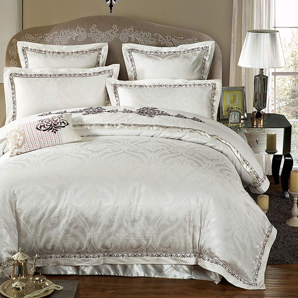 Luxury Embroidery Satin Bed Sheet Set - Queen/King Size 4-Piece Jacquard Bedding Set with Soft Tencel Flat Sheet | Solid Color Duvet Cover | Perfect for Master Bedroom, Guest Room & Hotel Decor