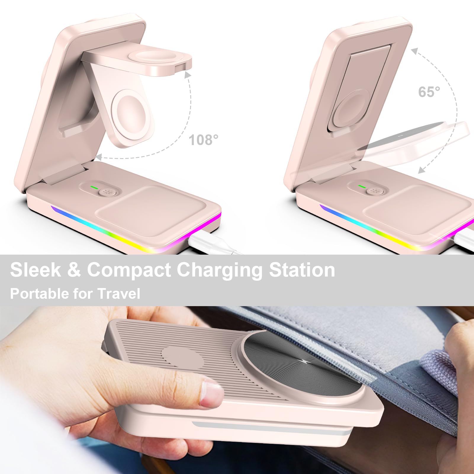 3 in 1 Magnetic Wireless Charging Station for iPhone 16/15/14/13/12, Apple Watch 10/Ultra/9/8 & AirPods Pro - Fast MagSafe Charger with Strong Alignment - Perfect for Home, Office & Travel (Pink)