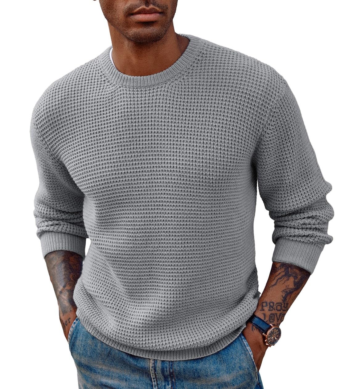 PJ PAUL JONES Men's Waffle Knit Crewneck Sweater - Long Sleeve Textured Pullover for Casual Wear, Office & Fall Outfits