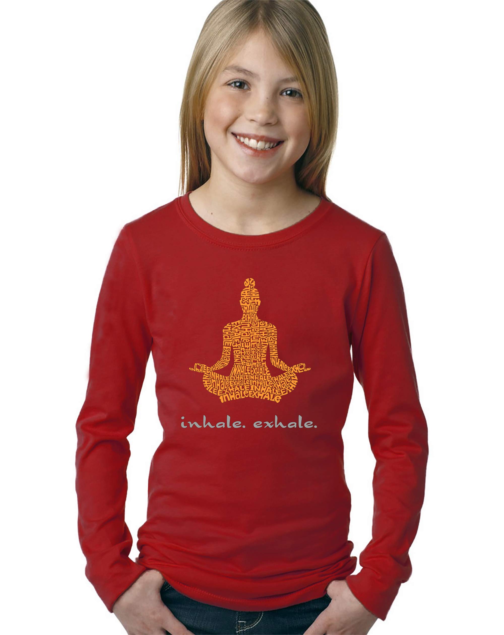 LA POP ART Girls' Word Art Long Sleeve T-Shirt - Inhale Exhale Yoga Inspired Graphic Tee for Women | Perfect for Yoga, Meditation & Casual Wear