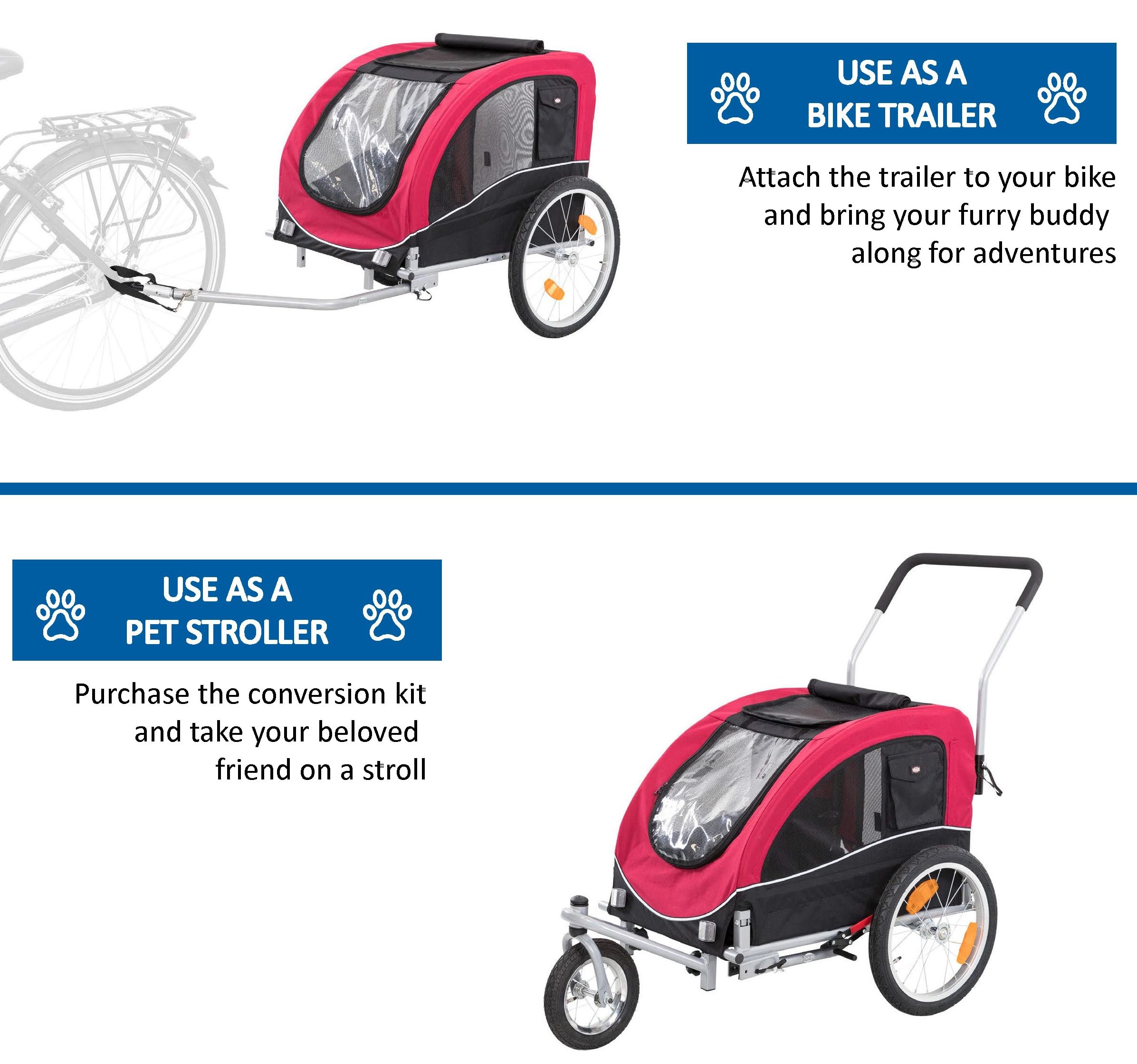 TRIXIE Convertible Dog Bike Trailer & Pet Stroller for Medium Dogs up to 66 lbs - Quick Setup Foldable Design - Red - Perfect for Cycling, Jogging & Outdoor Adventures with Your Pet