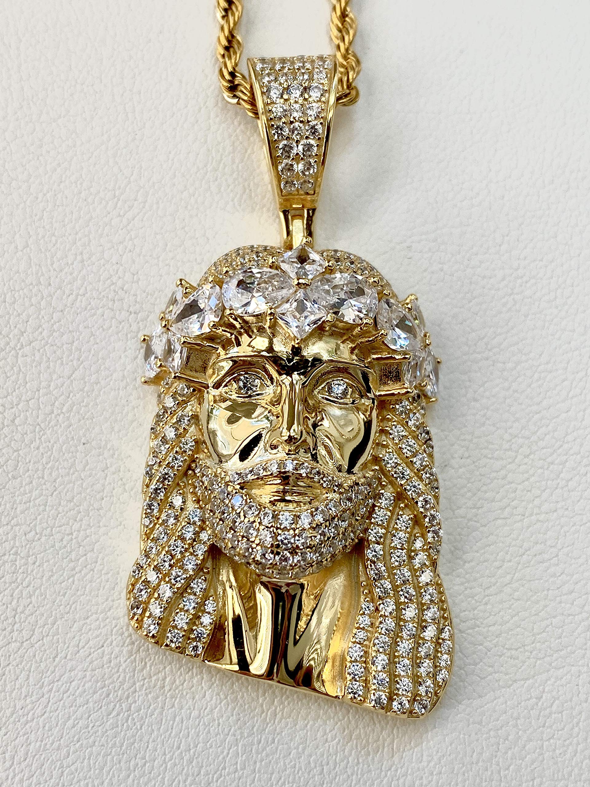 Custom Face of Christ Pendant - 925 Sterling Silver with Gold Finish & Iced Detail - Stainless Steel 3mm Rope Chain (16