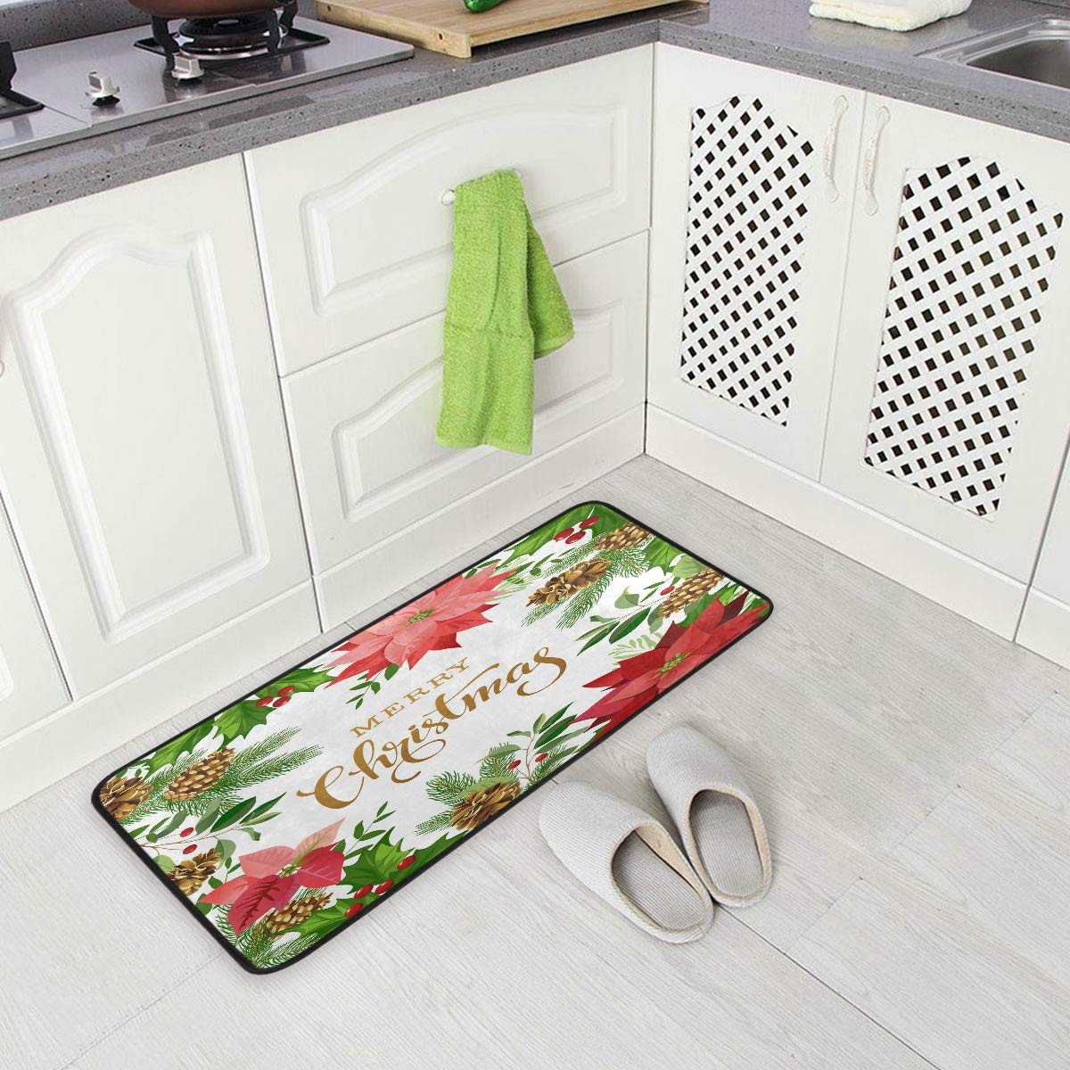MOYYO Christmas Poinsettia Flower Anti-Fatigue Kitchen Mat - Non-Slip, Oil & Stain Resistant, Easy Clean Floor Rug for Kitchen, Bathroom, Indoor & Outdoor Use - Perfect Holiday Decor for Home Entryway