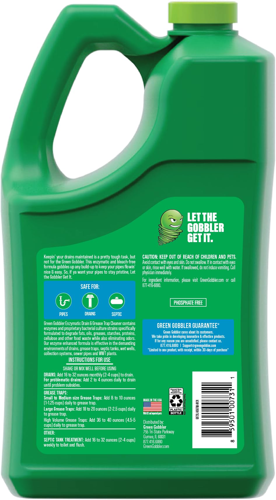 Green Gobbler Enzyme Drain Cleaner - 4 Gallon Case for Grease Trap & Sewer Treatment | Eliminates Foul Odors & Breaks Down Grease, Fat, Oil, Paper in Septic Tanks, Drain Lines | Perfect for Restaurants, Commercial Kitchens & Home Plumbing Maintenance