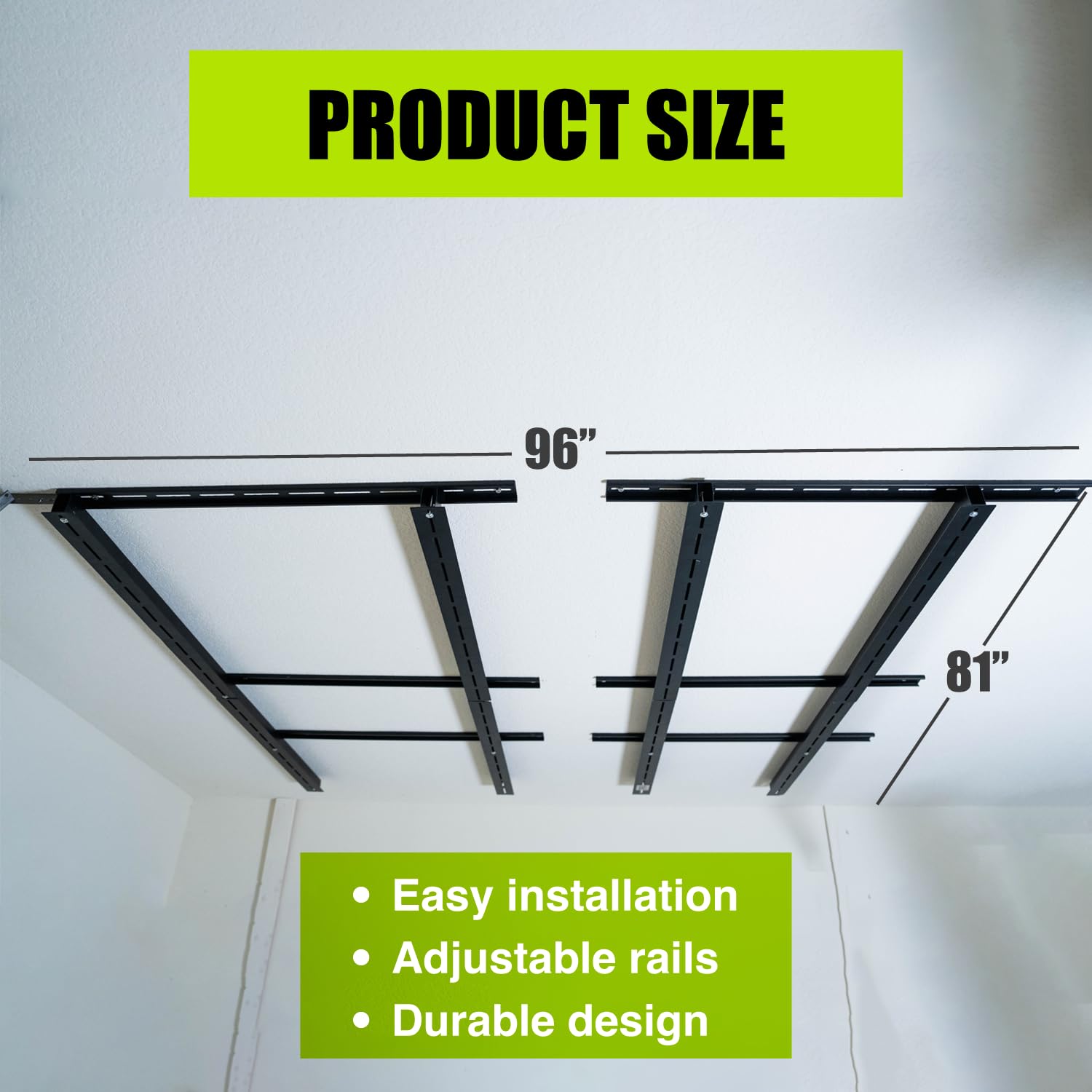 Heavy Duty Adjustable Garage Ceiling Storage Rack - Overhead Tote Slide Rail System for Garage Organization | Black (MR0001) | Perfect for Storing Bins, Seasonal Items & Sports Equipment