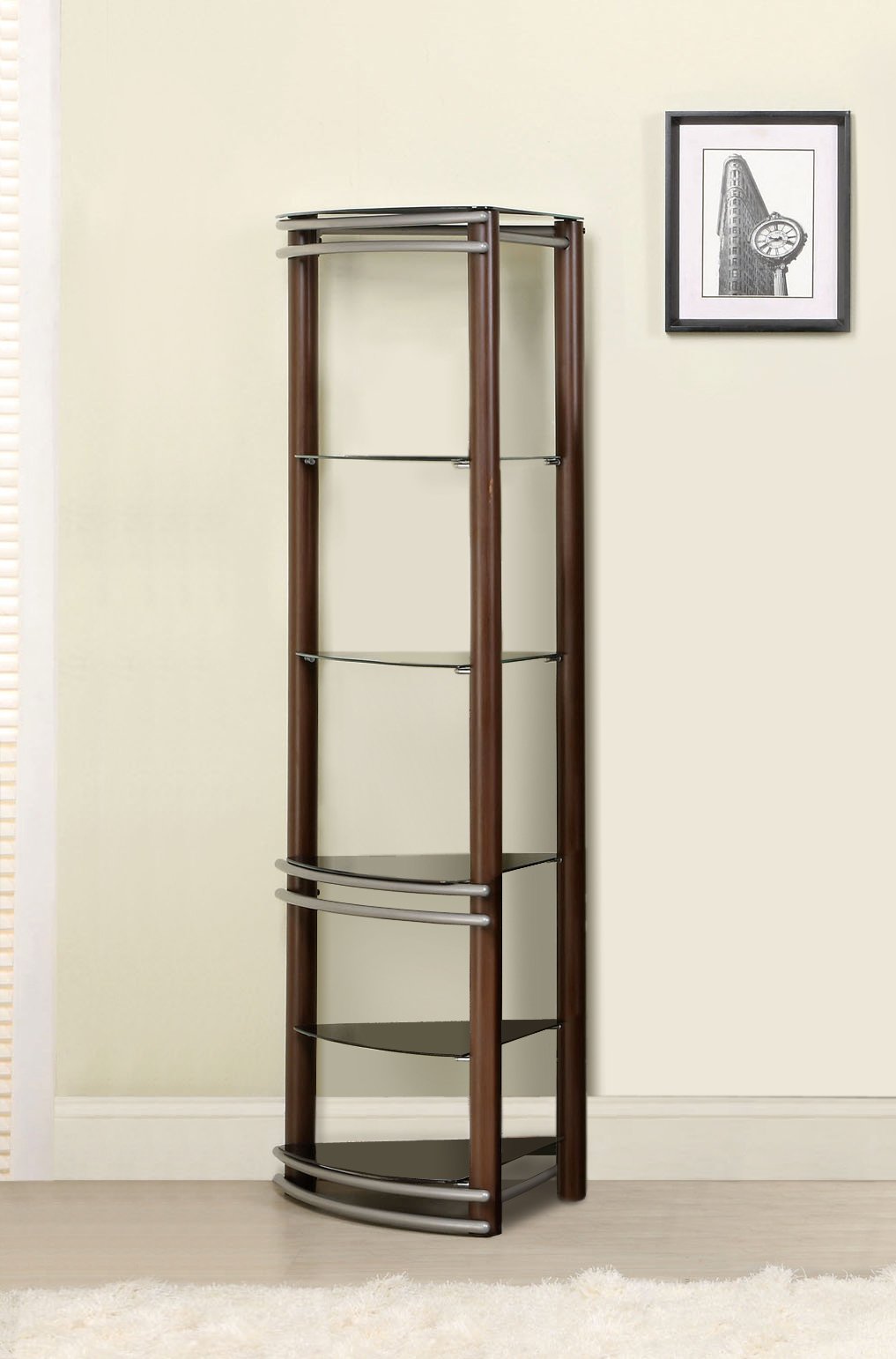 Beverly Media Console & Pier Shelf by Furniture of America - Brown with Silver Finish | Stylish TV Stand & Display Shelf for Living Room & Home Theater