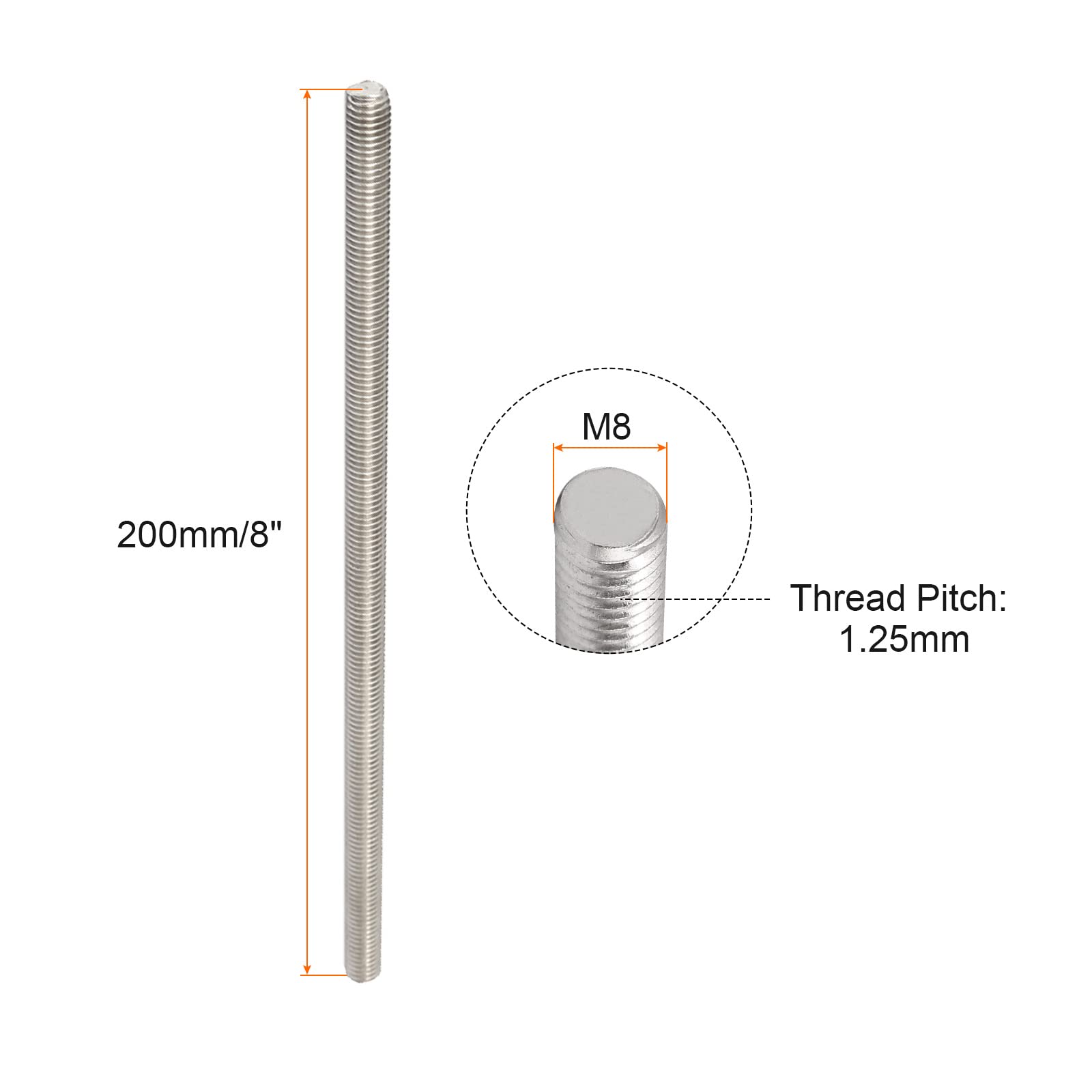 Stainless Steel Threaded Rod M8x200mm - 5 Pack for Clamps & U-Bolts
