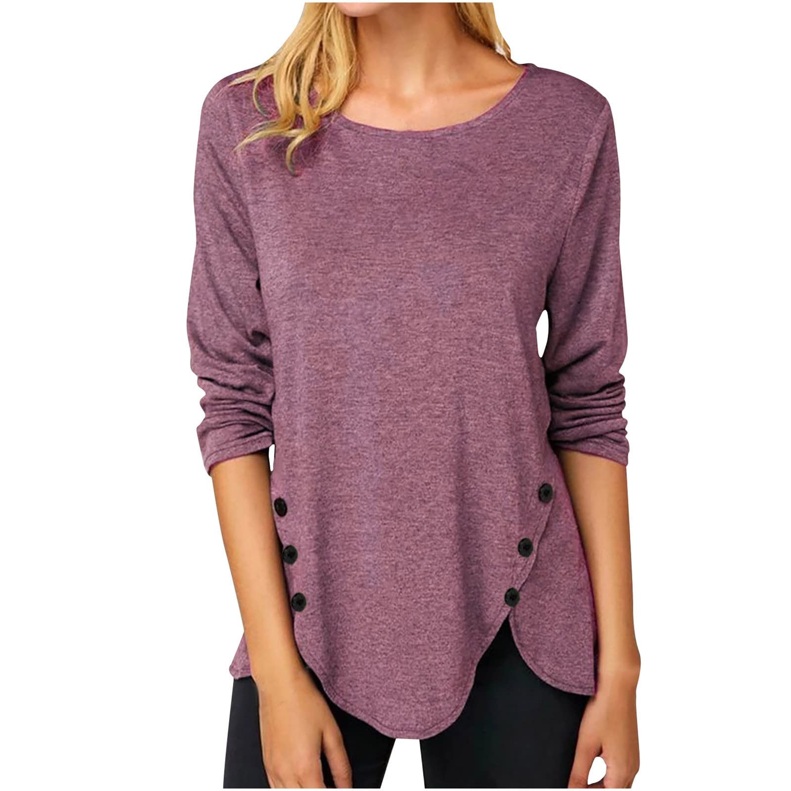 Women's Long Sleeve Casual Tunic Tops - Round Neck Button Down Blouse with Loose Fit for Belly Coverage | Perfect for Work, Weekend Outfits & Layering