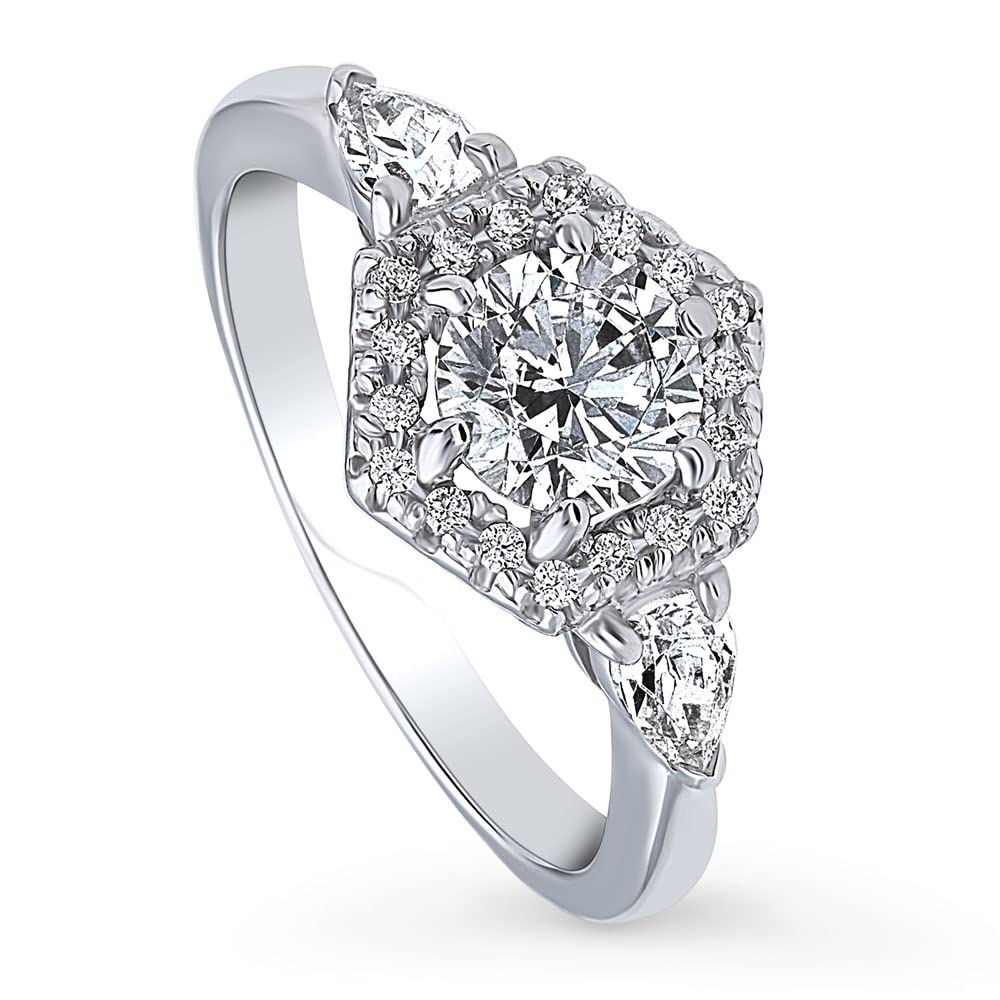 BERRICLE Sterling Silver 3-Stone Wedding Engagement Ring 0.8 Carat Round Cut Cubic Zirconia CZ Hexagon Ring for Women, Rhodium Plated Size 4-10 - Perfect for Proposals, Anniversaries & Special Occasions