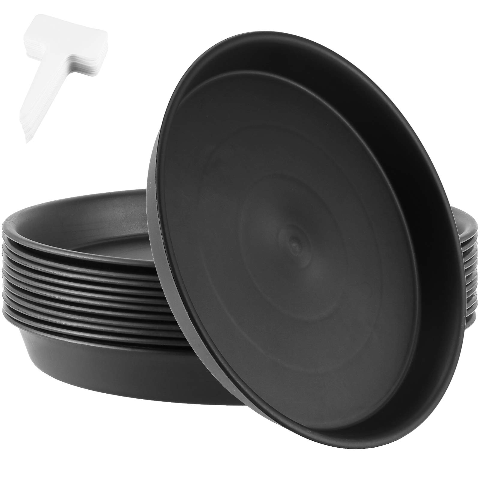 12 Pack 12 Inch Black Plastic Plant Saucers with White Labels - Drip Trays for Indoor & Outdoor Potted Plants - Perfect for Garden, Balcony, and Home Decor