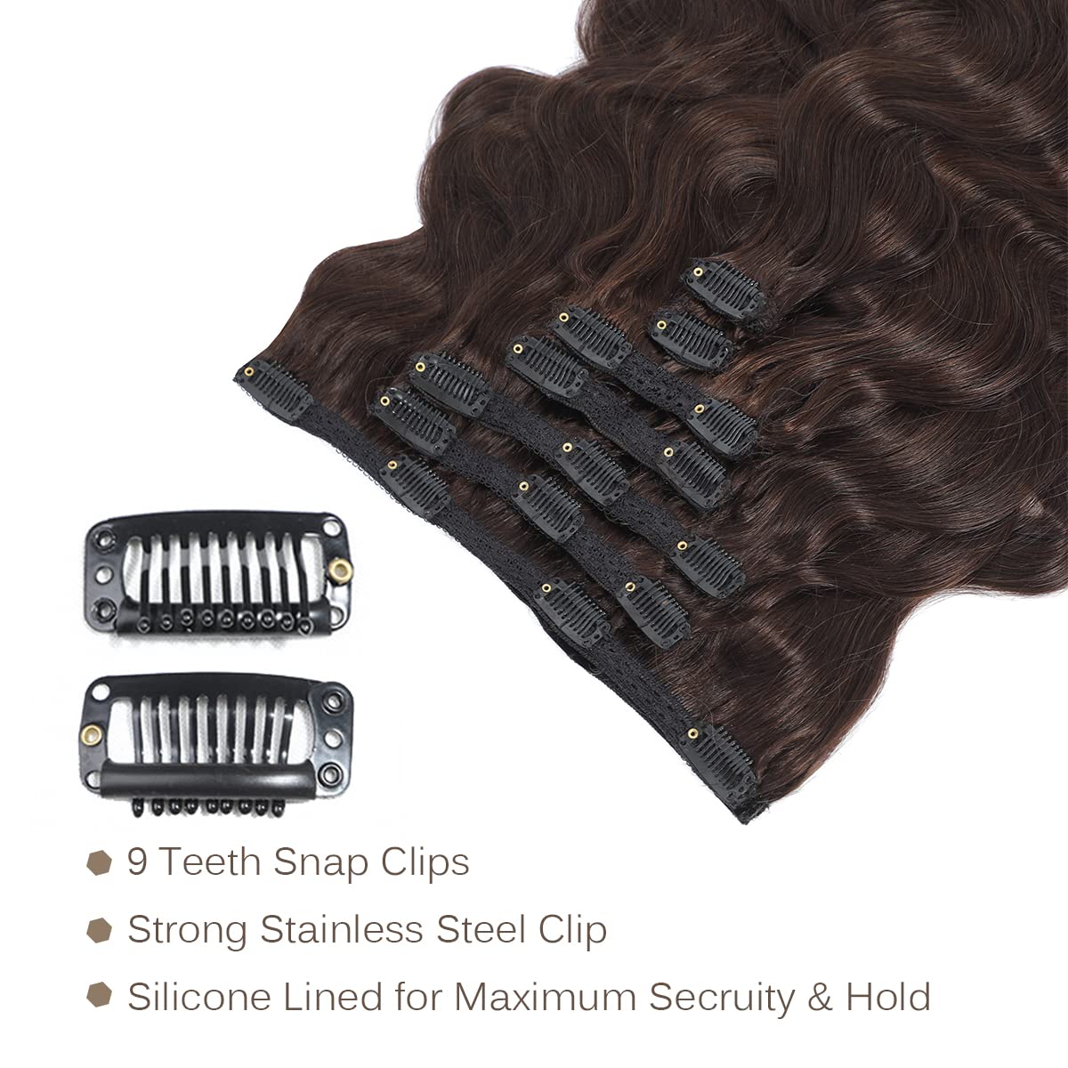 16 Inch Clip In Hair Extensions - 100% Real Human Hair for Black & White Women - Dark Brown Wavy Seamless Hair Wefts for Natural Look | Perfect for Daily Wear, Parties & Special Occasions