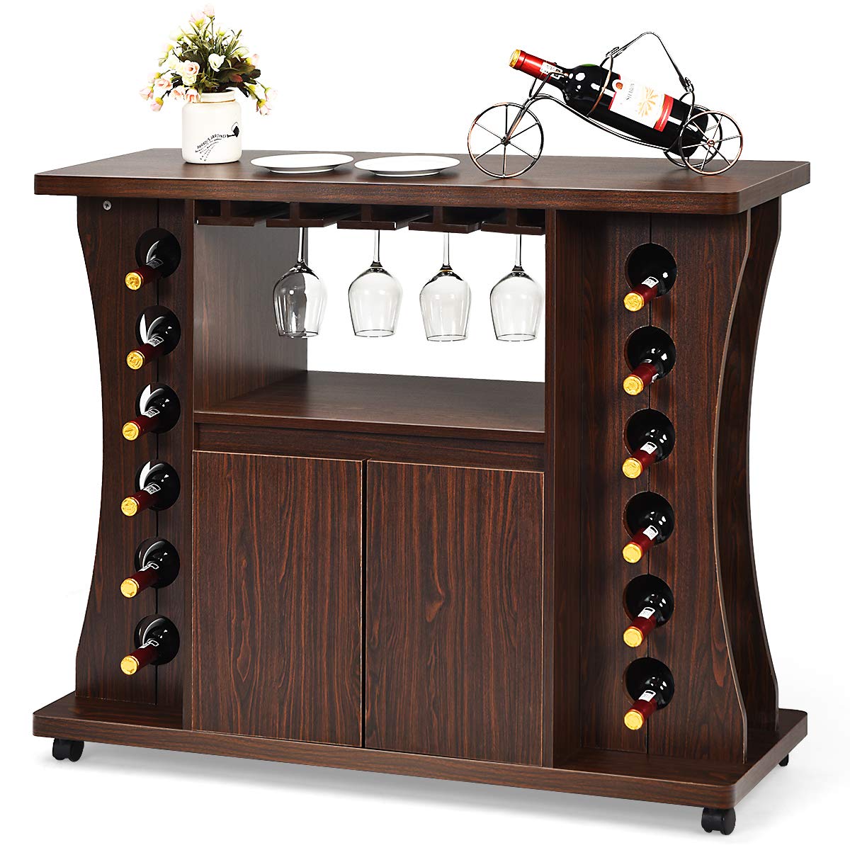 Giantex 12-Bottle Rolling Bar Cabinet with Glass Holder - 2-Door Mobile Buffet Sideboard with Storage for Wine, Liquor & Kitchen Essentials - Perfect for Dining Room, Living Room & Home Entertaining (Brown)