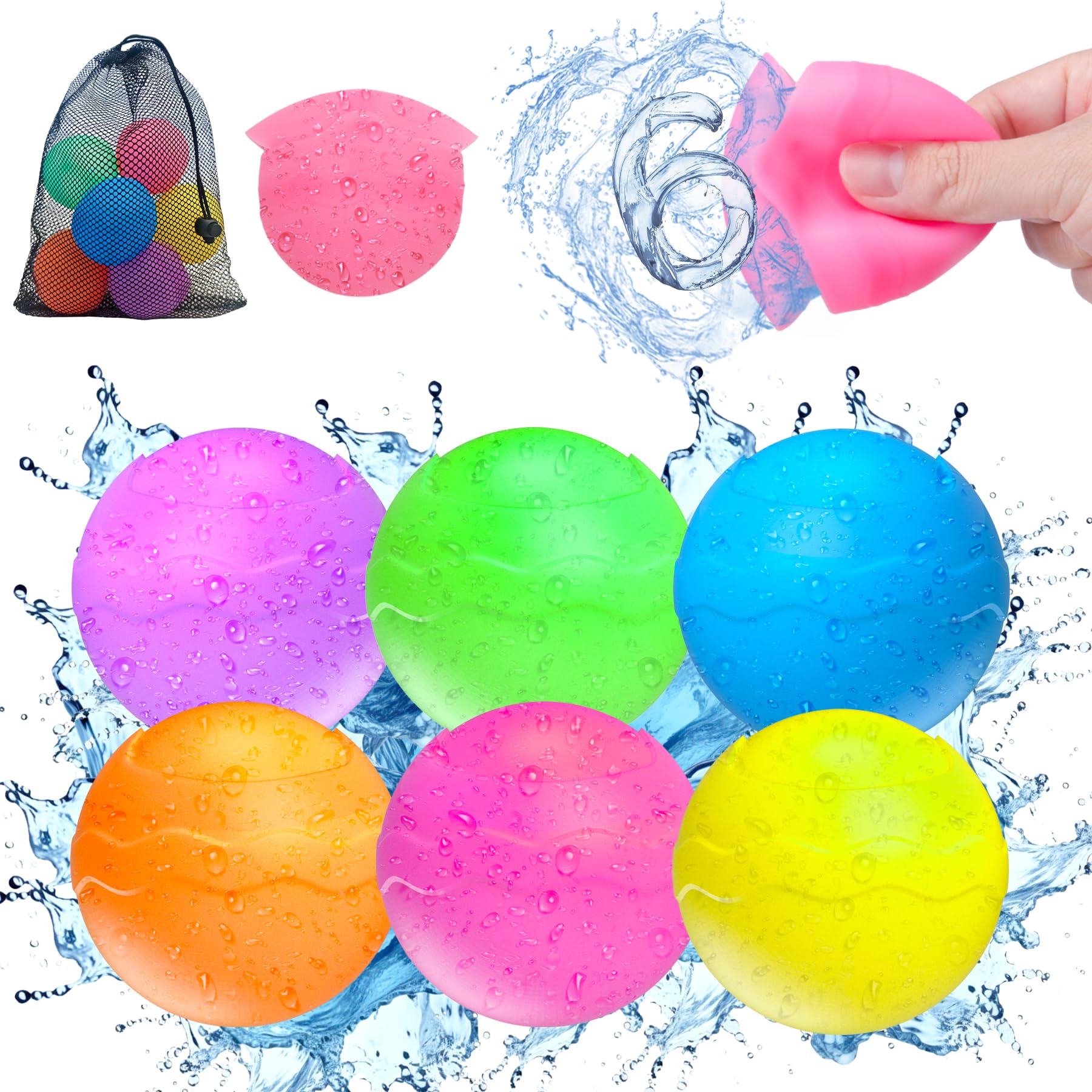 Eco-Friendly Reusable Water Balloons for Kids - Quick Fill Self-Sealing Splash Balls with Mesh Bag (6 Pack) - Fun Summer Pool & Beach Toys for Boys & Girls Ages 3-12 - Perfect for Backyard Parties, Outdoor Water Games & Summer Activities