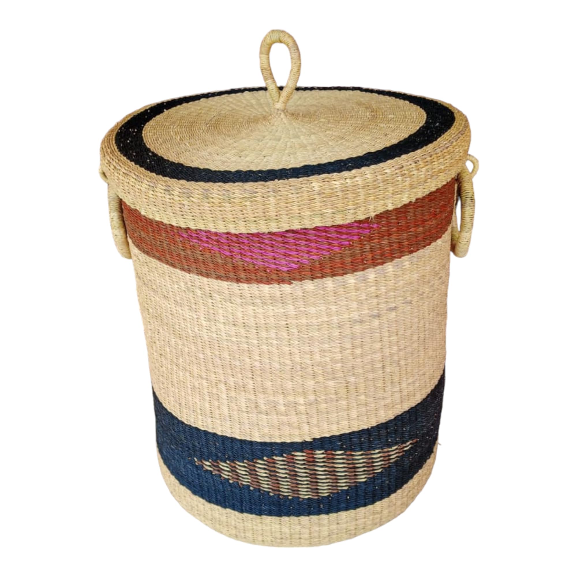 Large African Woven Laundry Basket with Lid - Rattan Storage Hamper for Clothes, Towels, Sheets & Blankets | Ghana Handwoven Basket for Bedroom, Bathroom & Home Organization