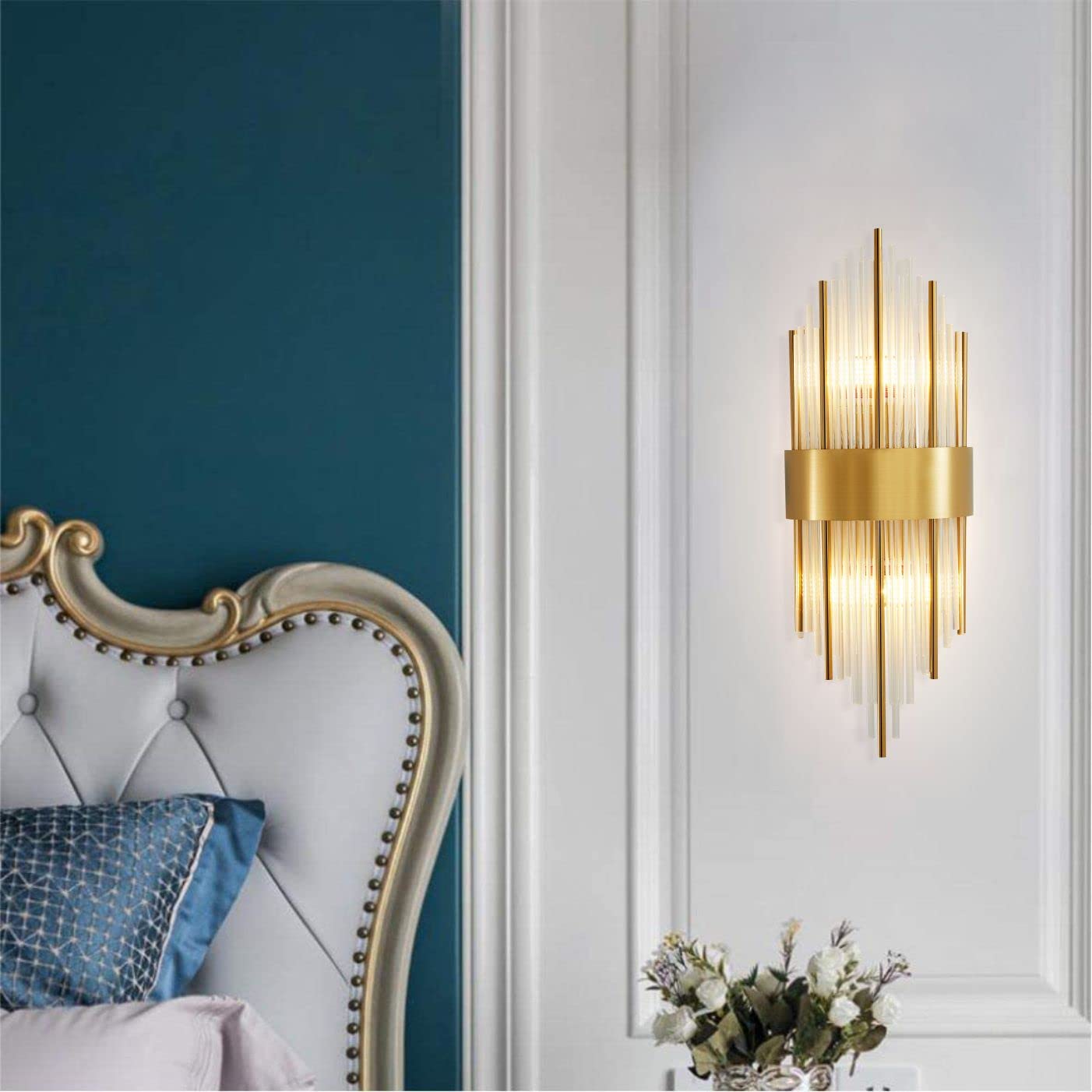 Luxury Gold Crystal Wall Lamp - 2 Pack Brushed Brass Wall Sconce with Crystal Rods, Elegant Vanity Mirror Lighting for Bedroom, Hallway, Stairway & Living Room Decor | Perfect for Ambient Lighting and Home Decoration
