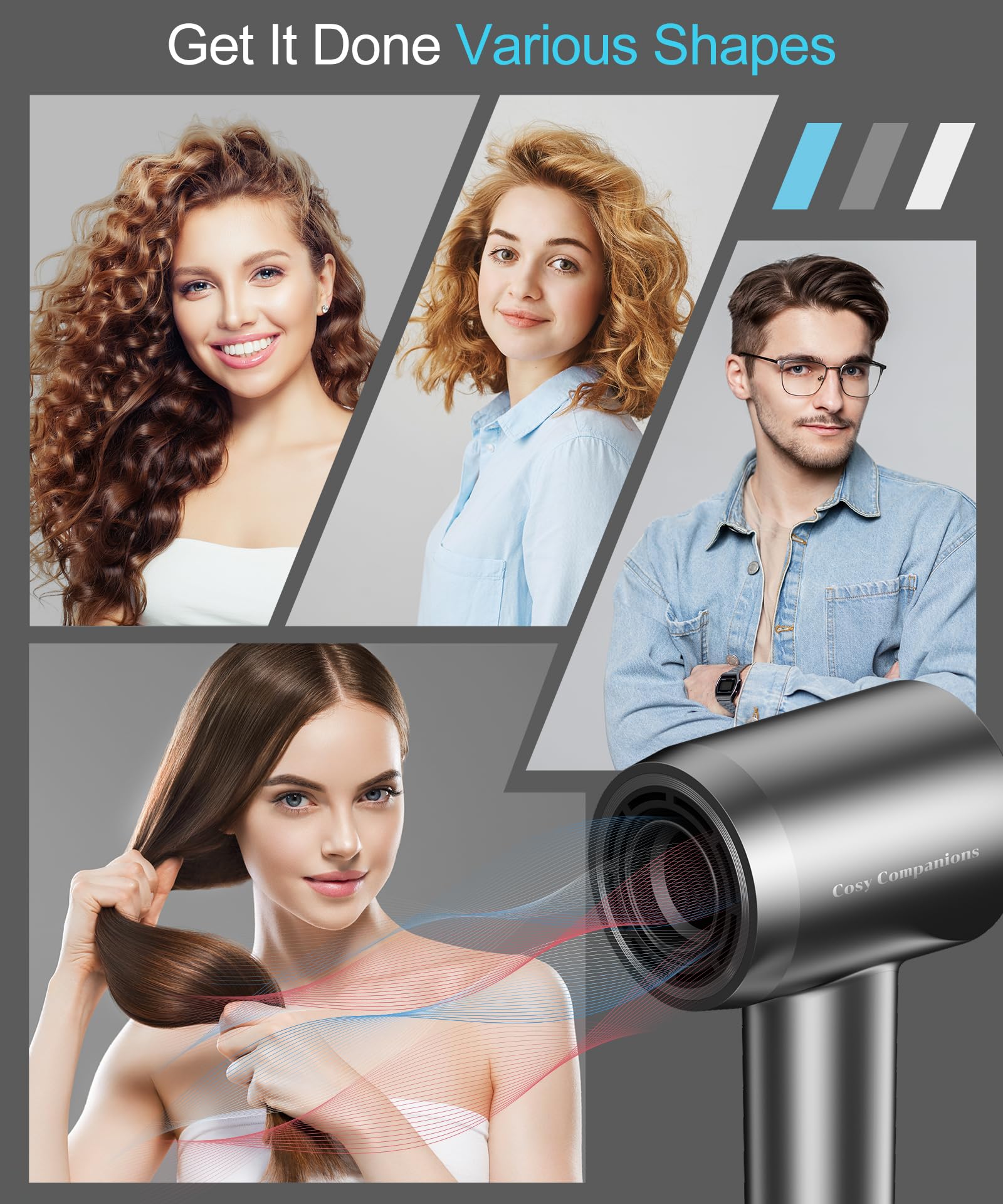 Professional Ionic Hair Dryer with 170,000 RPM Brushless Motor - Fast Drying, Low Noise, HD Display, Diffuser & Nozzle - 5 Heat & 2 Speed Settings for Salon-Quality Styling at Home (Ideal for Thick Hair, Curly Hair & Quick Morning Routine)