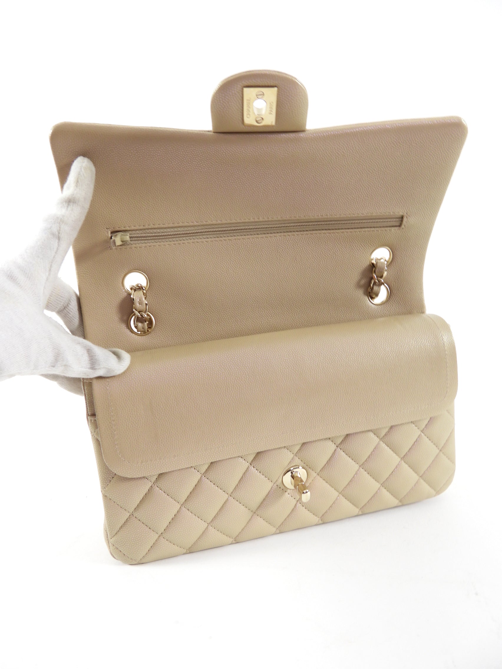 Chanel 21S Beige Iridescent Classic Medium Double Flap Caviar Gold Hardware Bag - Luxury Handbag for Women, Perfect for Parties & Special Occasions
