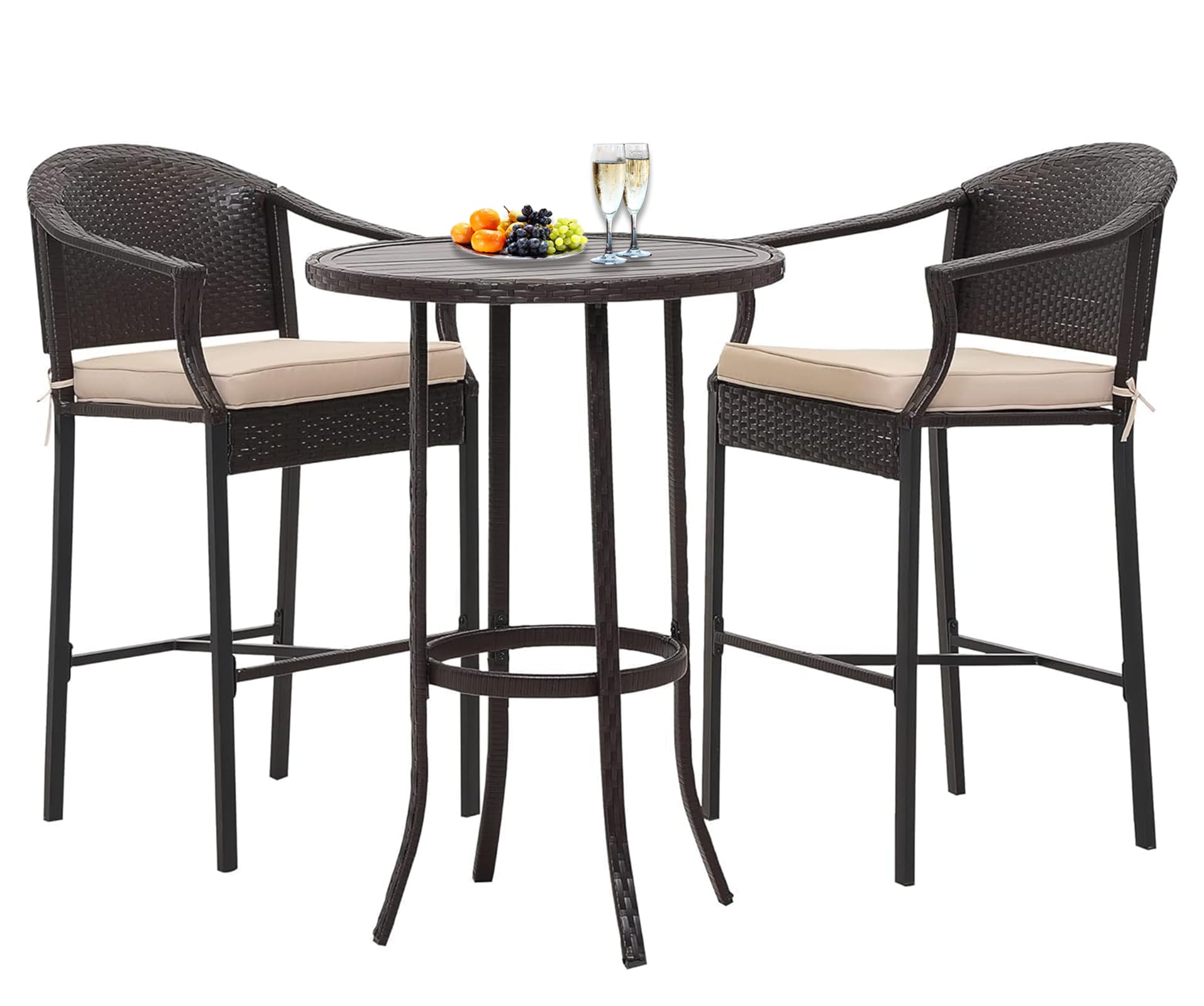 3-Piece Patio Bar Set - Rattan Bar Height Table & Chairs with Cushions, Wicker Outdoor Furniture for Backyard, Poolside, Balcony - Perfect for Entertaining, Relaxing & Outdoor Dining - Beige Cushion Included