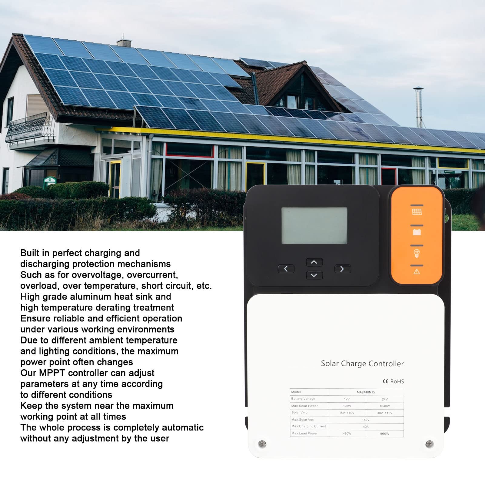 40A MPPT Solar Charge Controller 12V/24V Auto - 99.9% High Efficiency with Charge/Discharge Protection - Compatible with Solar Panels & Batteries for Off-Grid PV Systems - Perfect for RV, Marine, Cabin & Home Solar Power Management