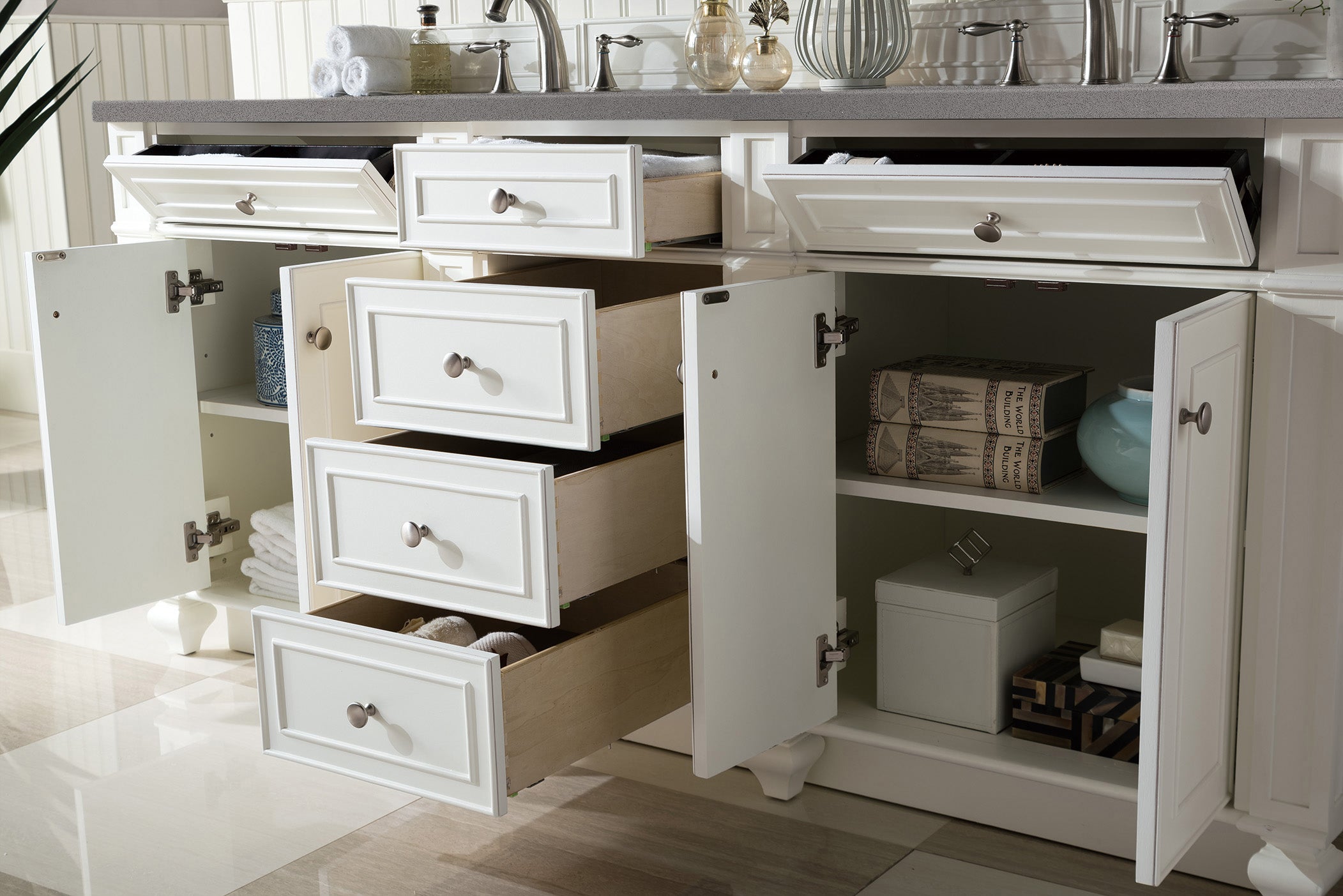 Bristol 72 Inch Double Bathroom Vanity with 3CM Grey Expo Quartz Top - Bright White Finish for Modern Master Bathroom & Guest Bathroom Remodeling