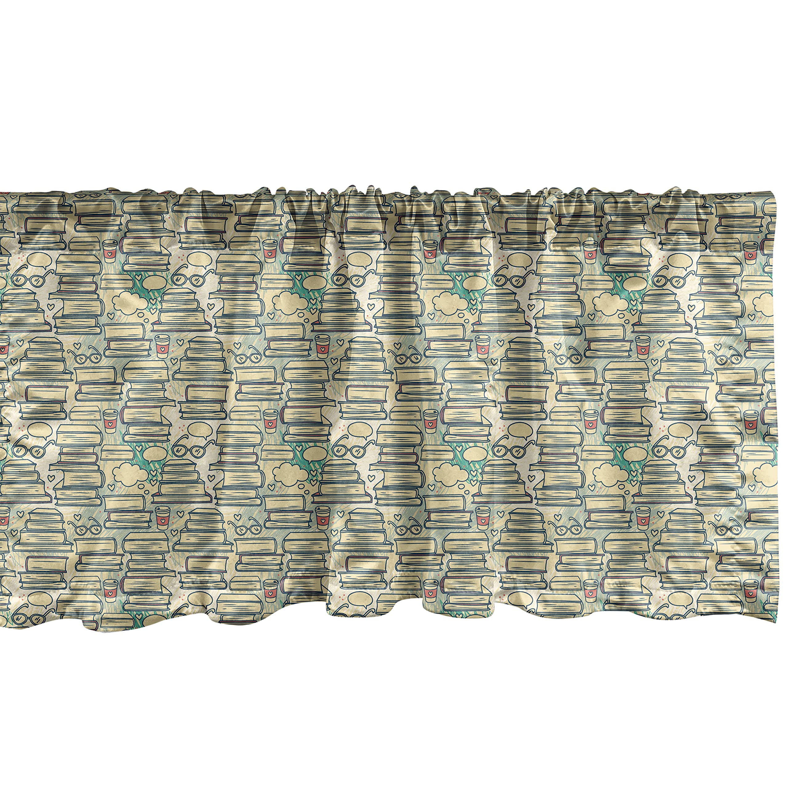 Ambesonne Book Lover Window Valance - Vintage Book Stack Design with Glasses & Coffee Cups - 54x12 Inch Rod Pocket Curtain for Kitchen, Bedroom, Library Decor - Cream Almond Green - Perfect for Reading Nooks & Cozy Home Offices