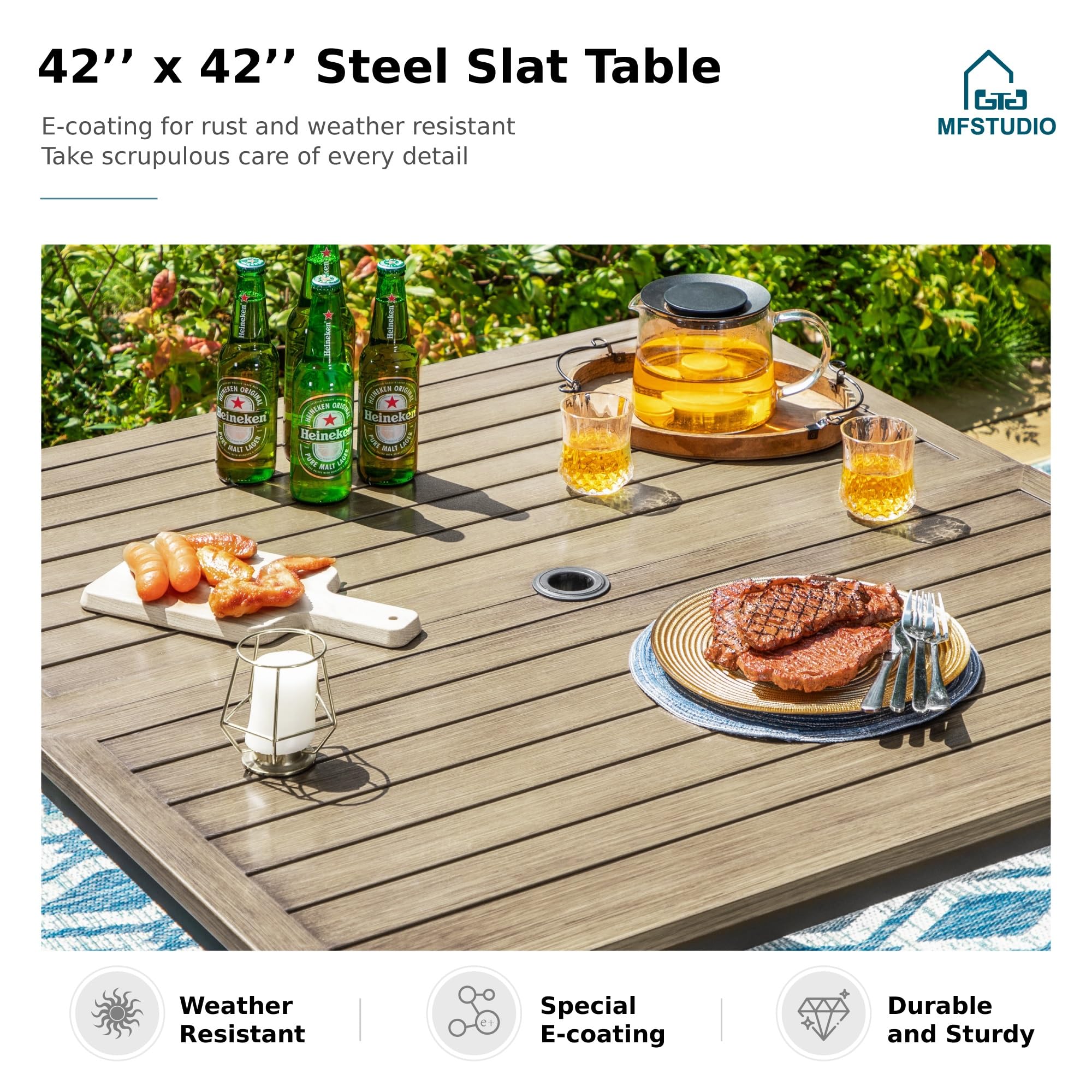 MFSTUDIO 42 Inch Square Outdoor Dining Table - Weatherproof Wood-Like Patio Table with Adjustable Umbrella Hole - Perfect for Deck, Backyard, Lawn, Garden, Poolside & Outdoor Entertaining
