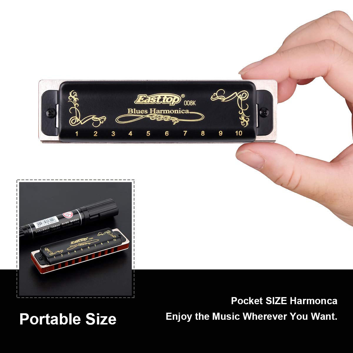 Easttop Professional 10 Hole 20 Tone Harmonica Set - 7 Keys (A,B,C,D,E,F,G) with Protective Case, Cleaning Cloth - Perfect for Adults, Beginners & Professional Players - Durable Black Design for Live Performances, Studio Recording & Music Practice