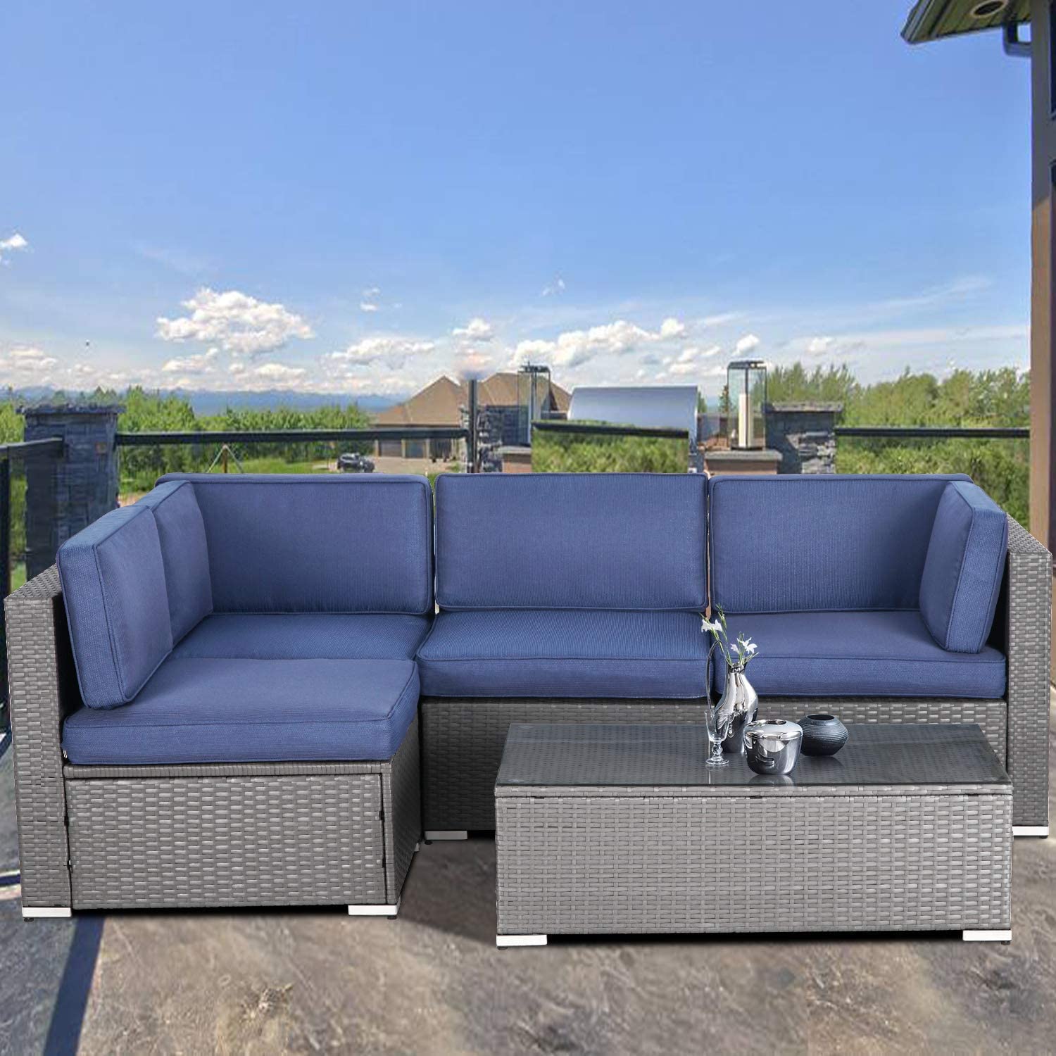 5-Piece All-Weather Outdoor Patio Furniture Set - Grey Wicker Sectional Sofa with Dark Blue Cushions & Glass Coffee Table - Perfect for Backyard, Garden, Poolside or Deck Relaxation