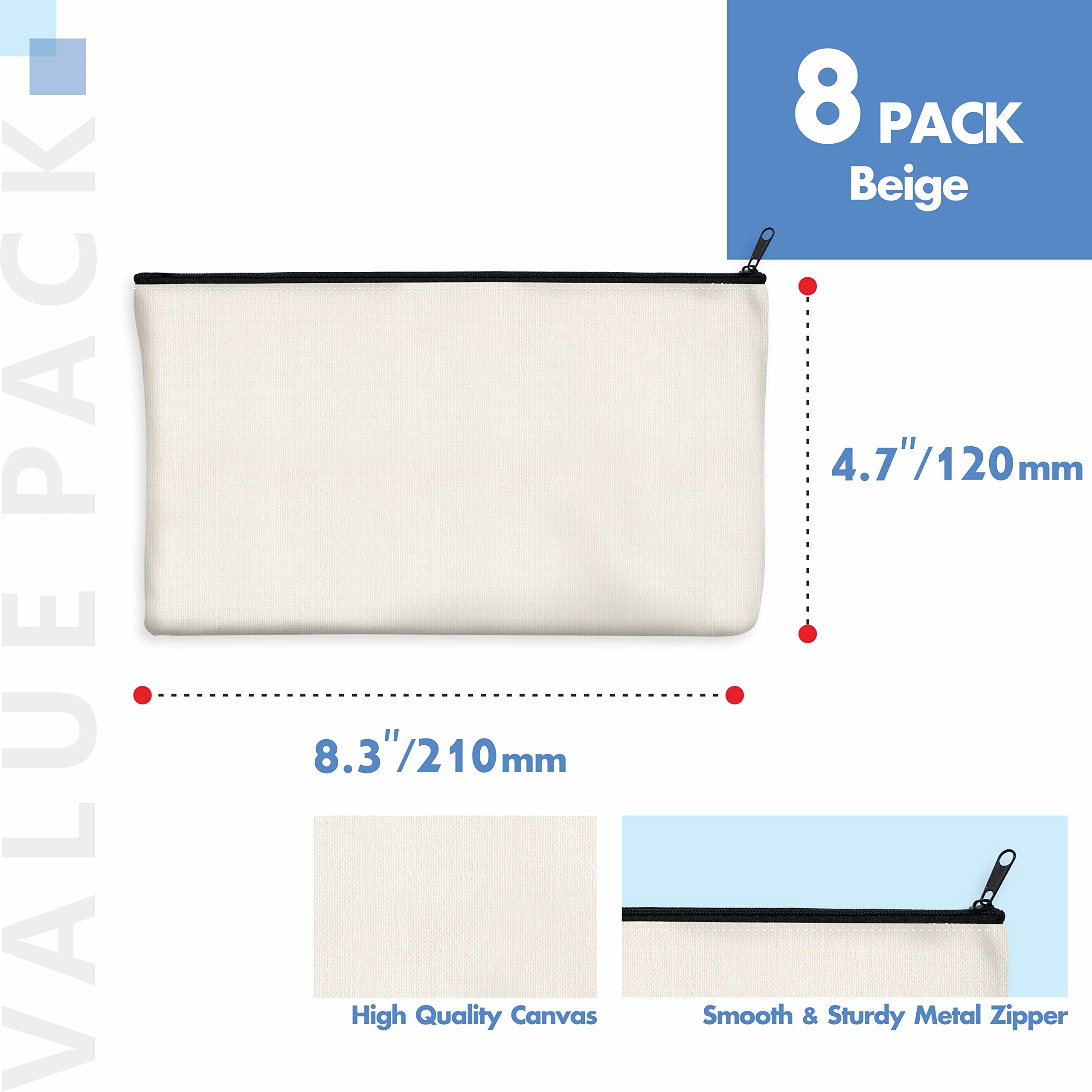 8 Pack Blank Canvas Pencil Pouch - DIY Craft Zipper Bags for Makeup, Toiletries & Stationery - Multifunctional Organizer (Beige, 8.3” x 4.7”) - Perfect for School, Travel & Home Storage