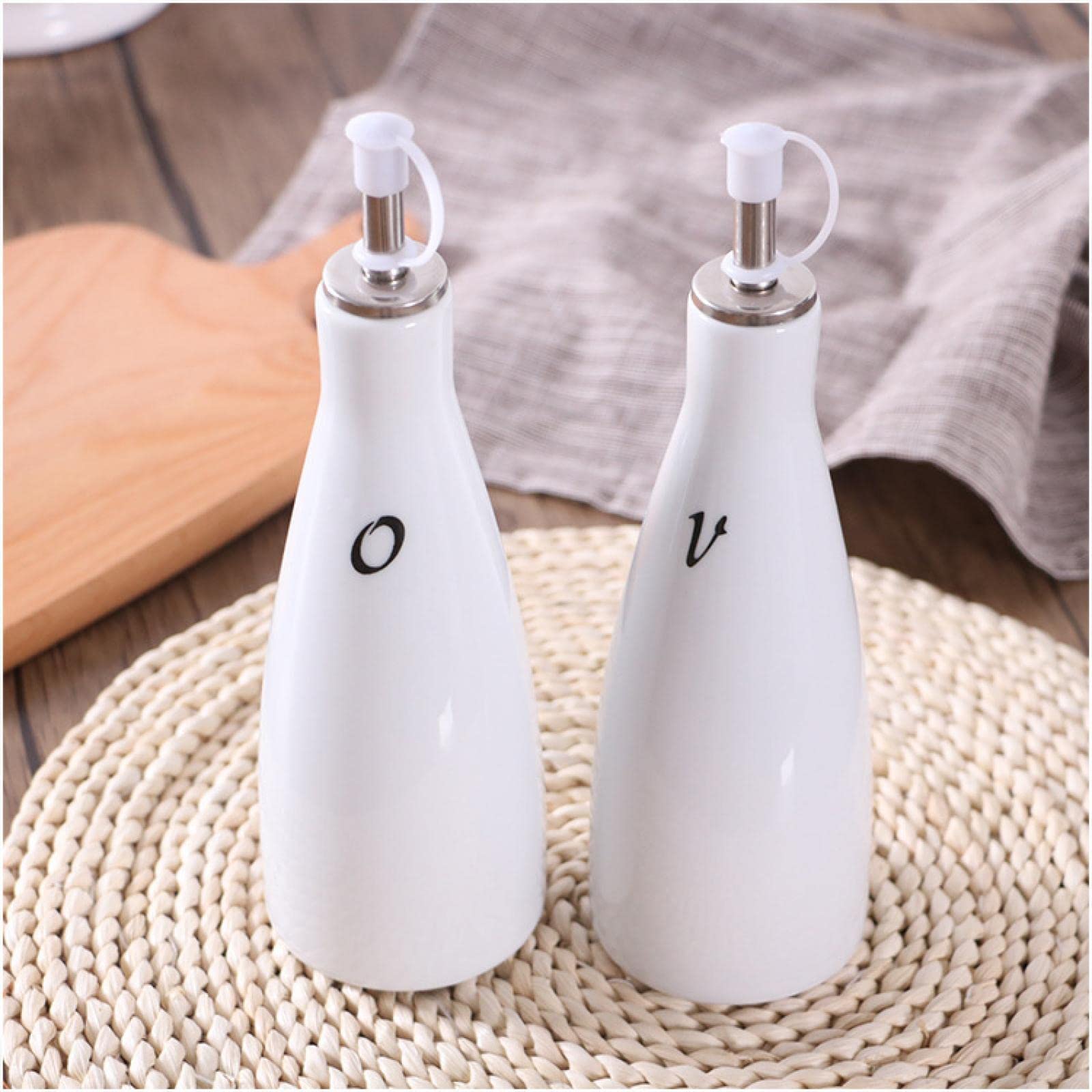 Ceramic Oil and Vinegar Bottle Set - HRTNS Premium Soy Sauce & Seasoning Storage Container for Kitchen, Dining, and Cooking Use