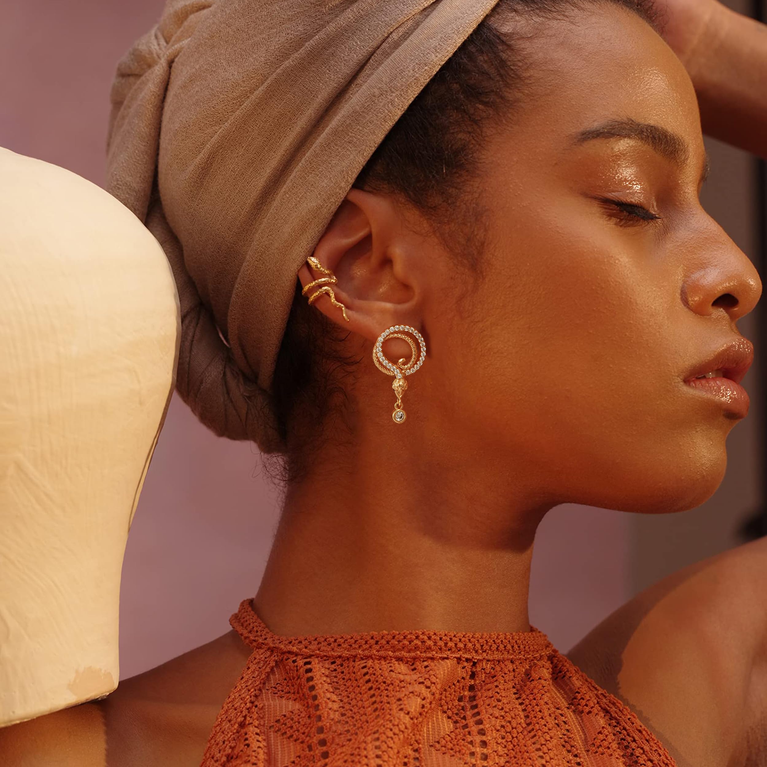 14K Gold Plated Snake Earrings for Women - Boho Dainty Open C Hoop Studs - Hypoallergenic Handmade Gold Jewelry Gift - Perfect for Parties, Weddings & Everyday Wear