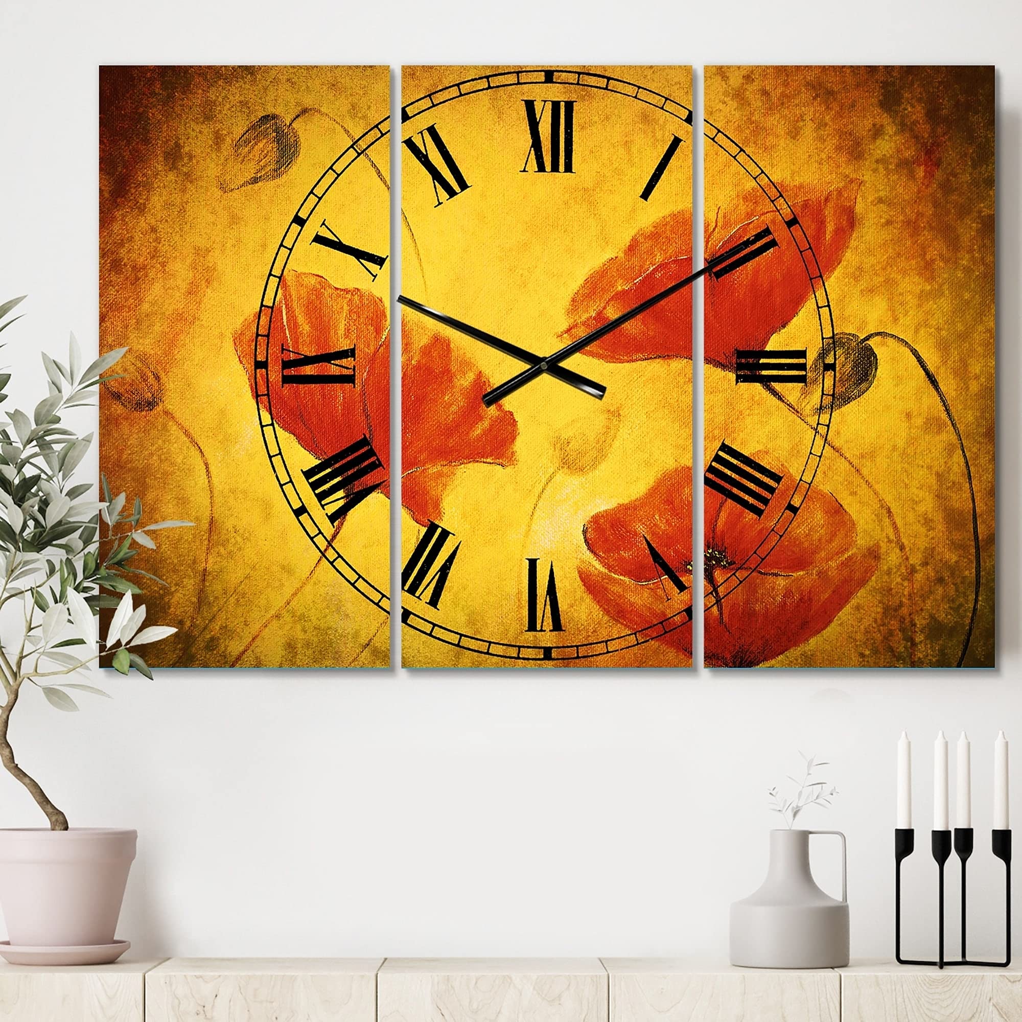 Designart 'Red Poppy Flower' Cottage Style 3-Panel Oversized Wall Clock - 36