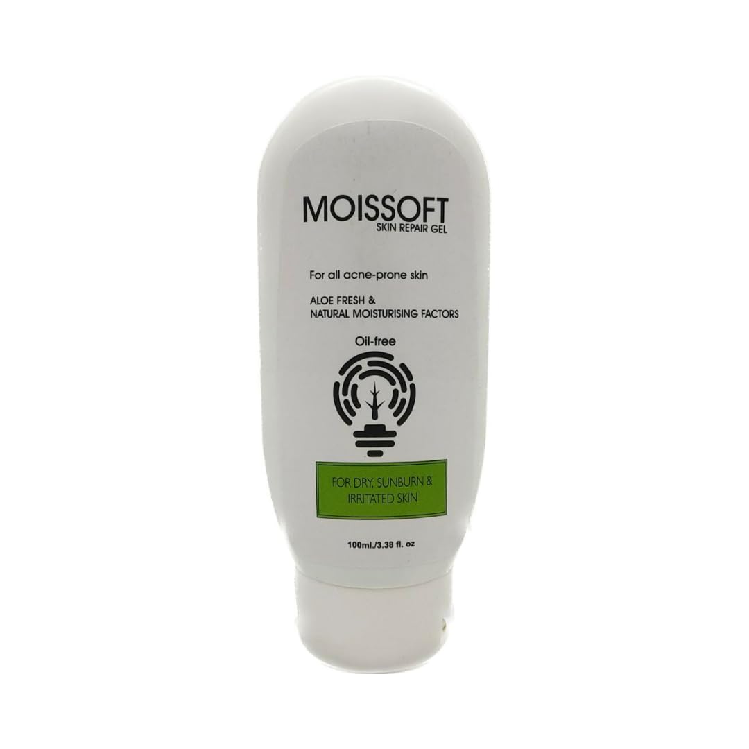 MOISSOFT Oil-Free Aloe Vera Gel with NMF, Vitamin E & Glycerin - Skin Repair for Acne, Sunburn & Dryness | 100ml Hydrating Face & Body Gel for Sensitive Skin Care