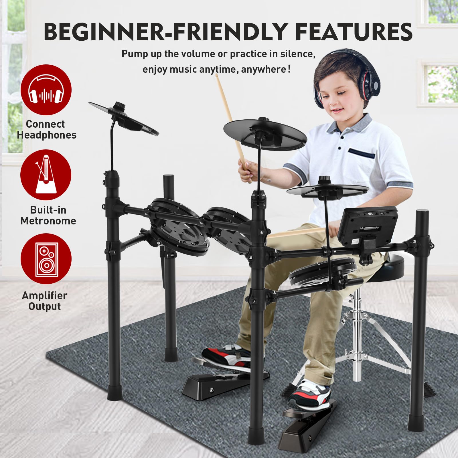 MUSTAR 10-Piece Electronic Drum Set with 450 Sounds, Mesh Drum Pads, 2 Choke Cymbals, Kick Drum, Pedals, Headphones & Sticks - USB MIDI Compatible for Home Practice, Studio Recording & Live Performances