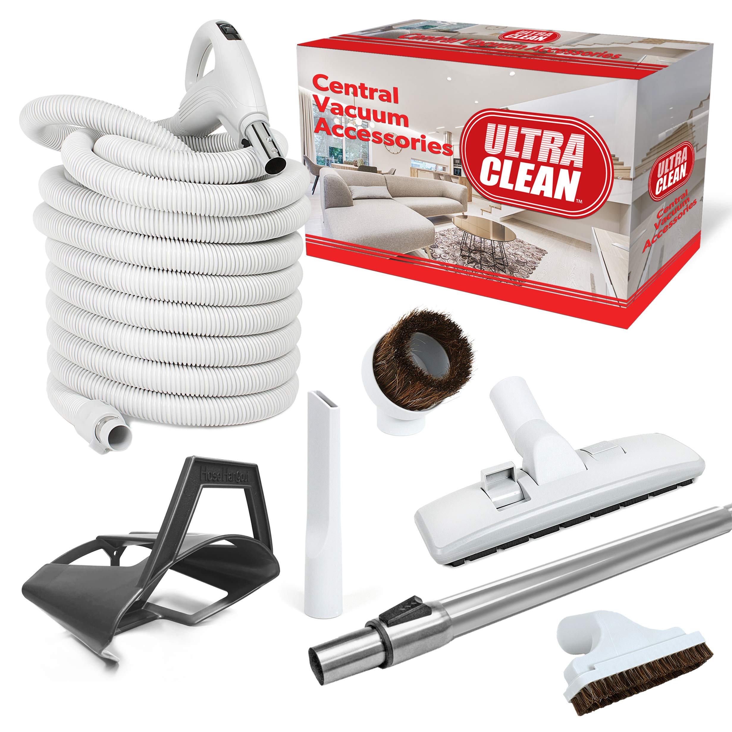 ULTRA CLEAN Deluxe Hardwood & Carpet Vacuum Combo Kit with 30ft Hose & Accessories - Perfect for Central Vacuum Systems in Homes & Offices (White)