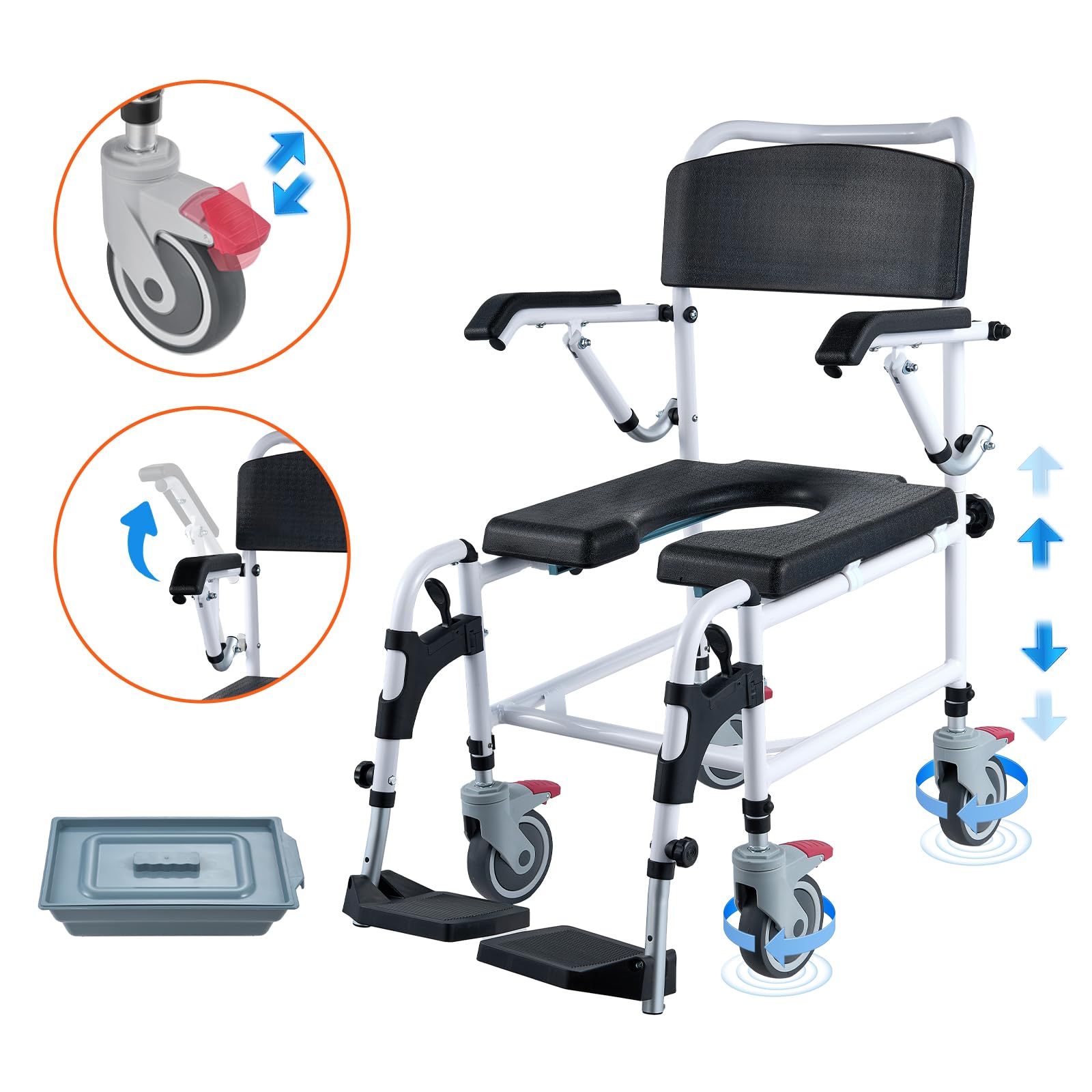 VEVOR Shower Commode Wheelchair with 4 Lockable Wheels & Adjustable Height - 350 LBS Capacity Commode Chair for Adults & Seniors - Ideal for Bathroom Safety, Elderly Care, and Post-Surgery Mobility Assistance