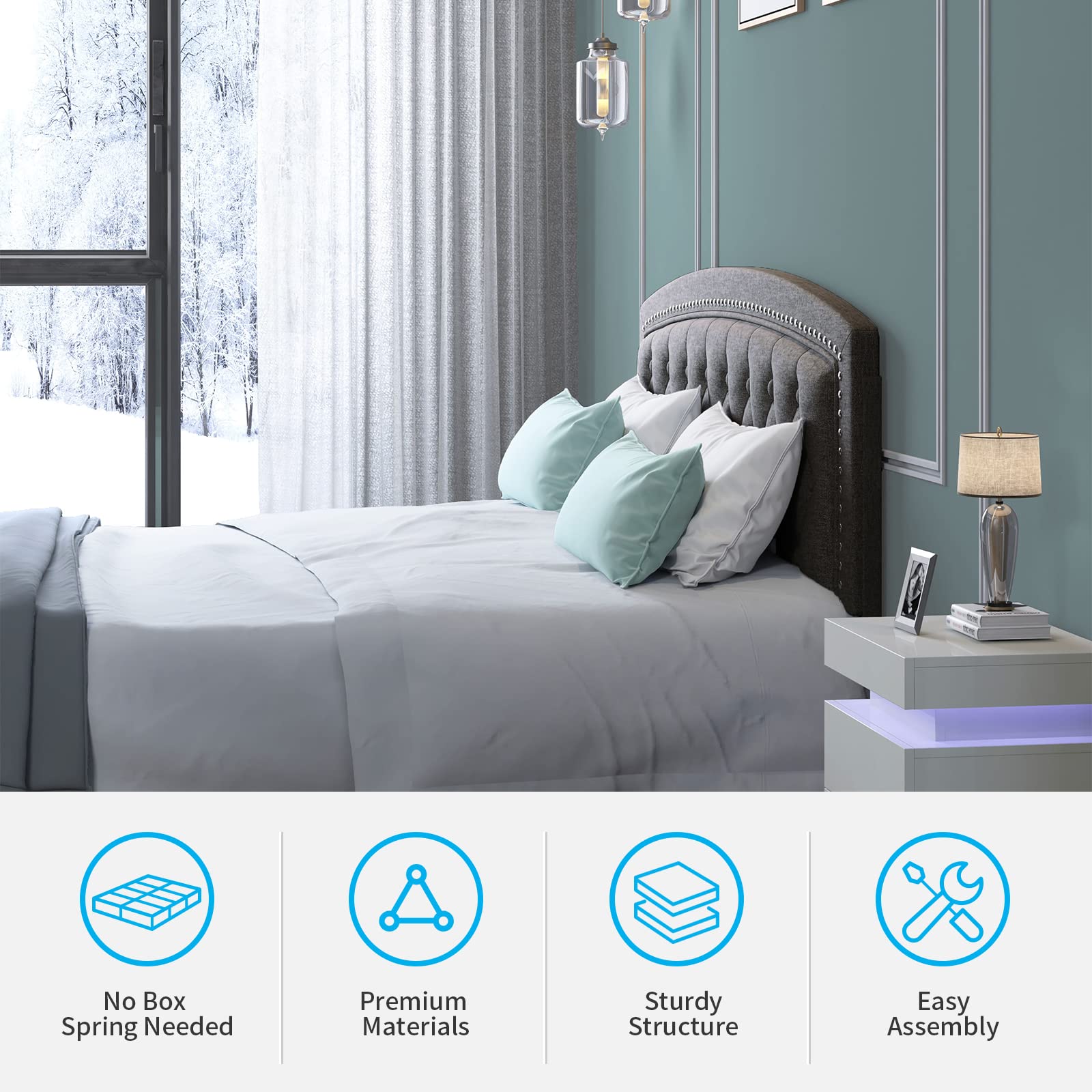 **Mjkone Full Size Bed Frame with Adjustable Headboard - Thin Velvet Upholstered Wood Platform Bed, Dark Grey - Perfect for Modern Bedrooms & Guest Rooms**