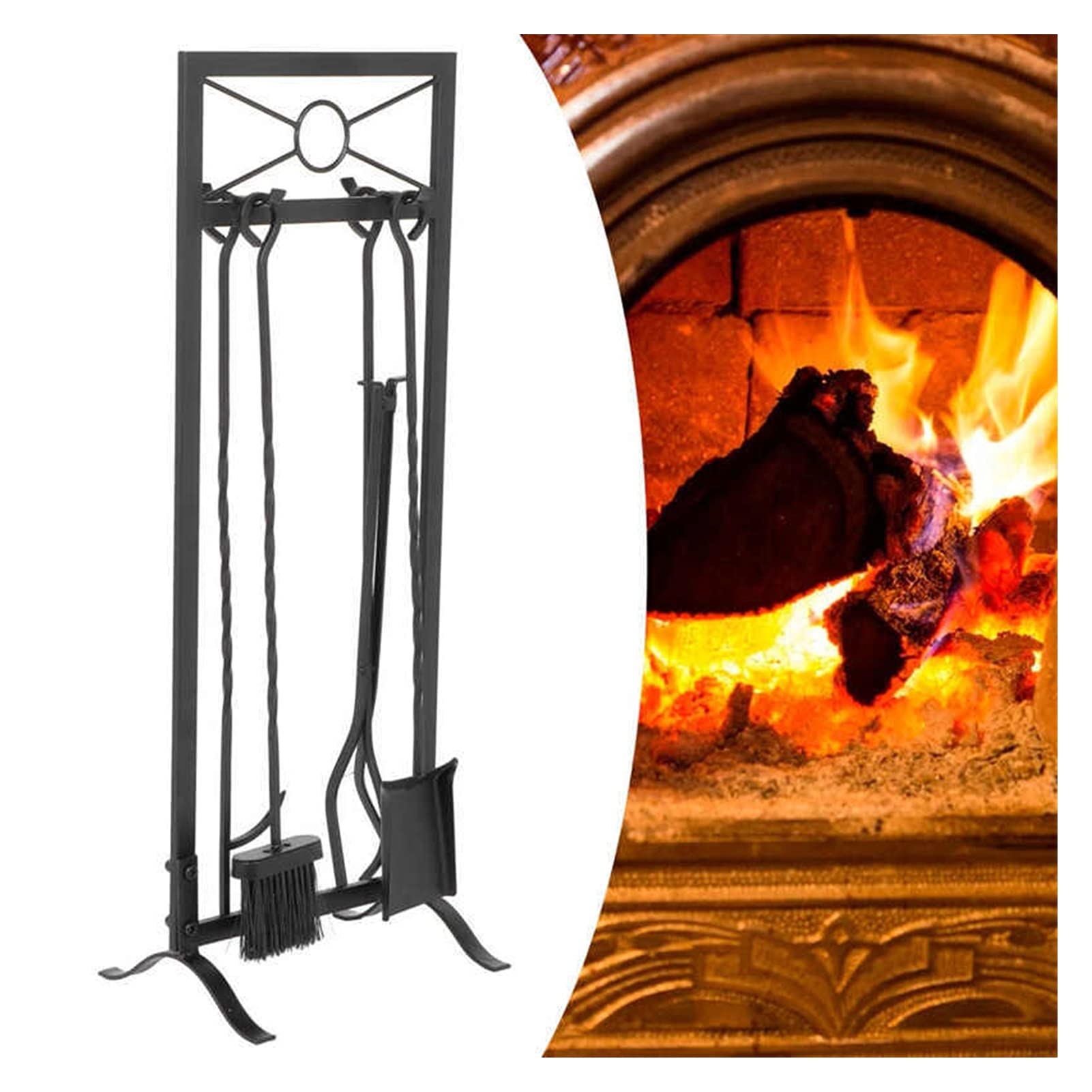TOMYEUS Fireplace Tool Set - 5-Piece Hearth Accessories Kit with Base, Brush, Shovel, Tongs & Poker - Durable Fireplace Tools for Wood Burning Stoves, Fire Pits & Indoor/Outdoor Fireplaces - Perfect for Home, Camping & Patio Use
