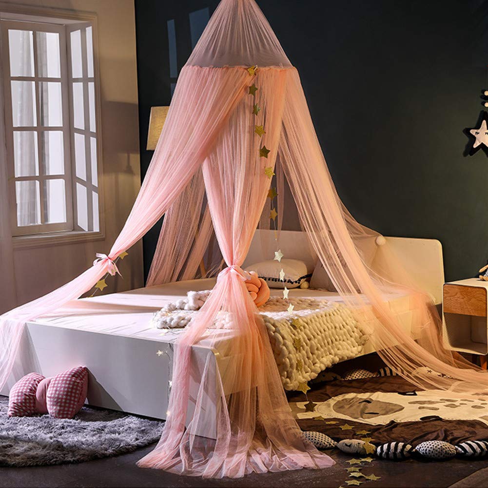 Eimilaly Princess Bed Canopy with Stars & Crown - Pink Mosquito Net with 7 Doors for Girls Room Decor | Encrypted Fabric for Better Protection | Perfect for Bedroom, Nursery & Sleepovers